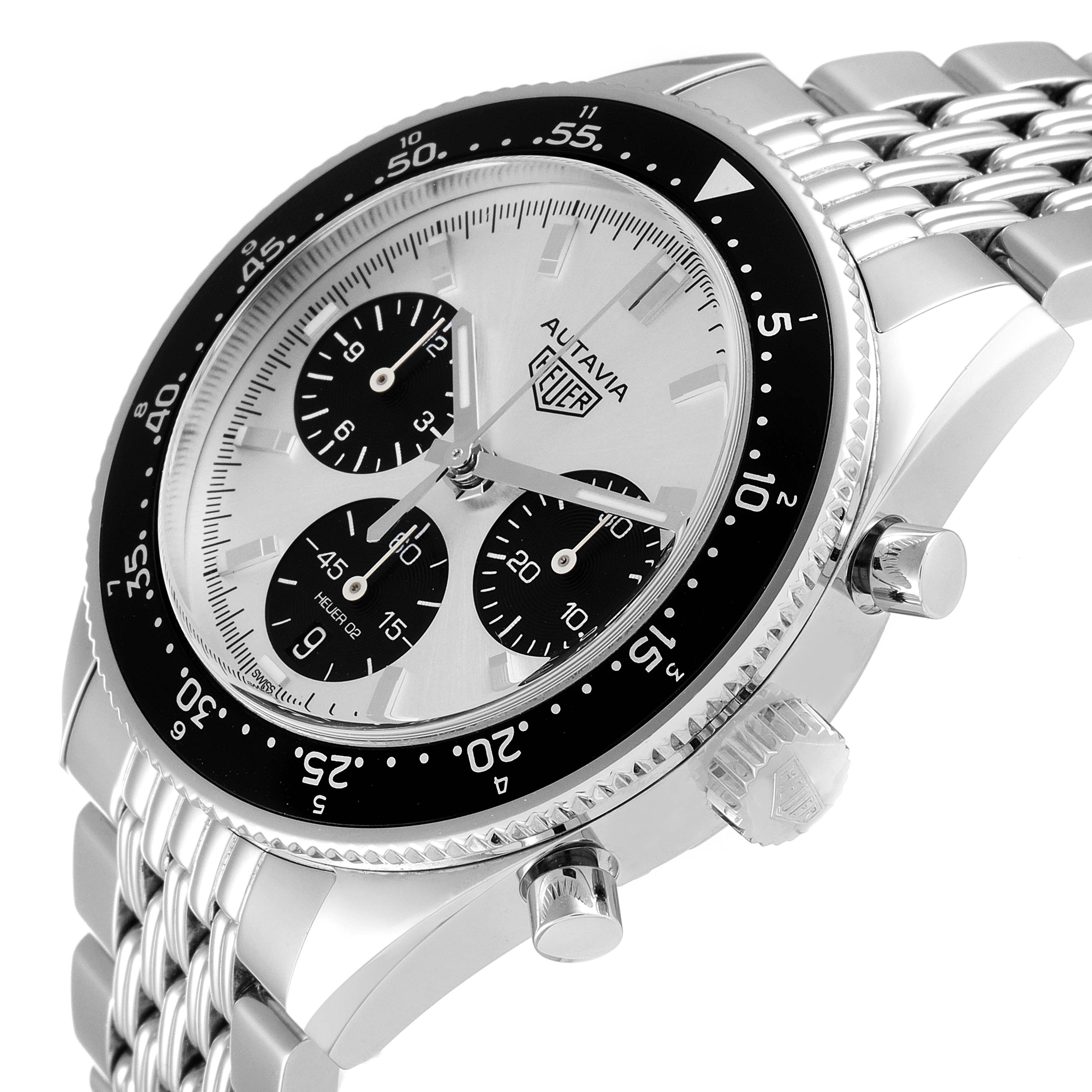 This image shows a side-angle view of a Tag Heuer Autavia watch, highlighting the bezel, crown, and chronograph dials.