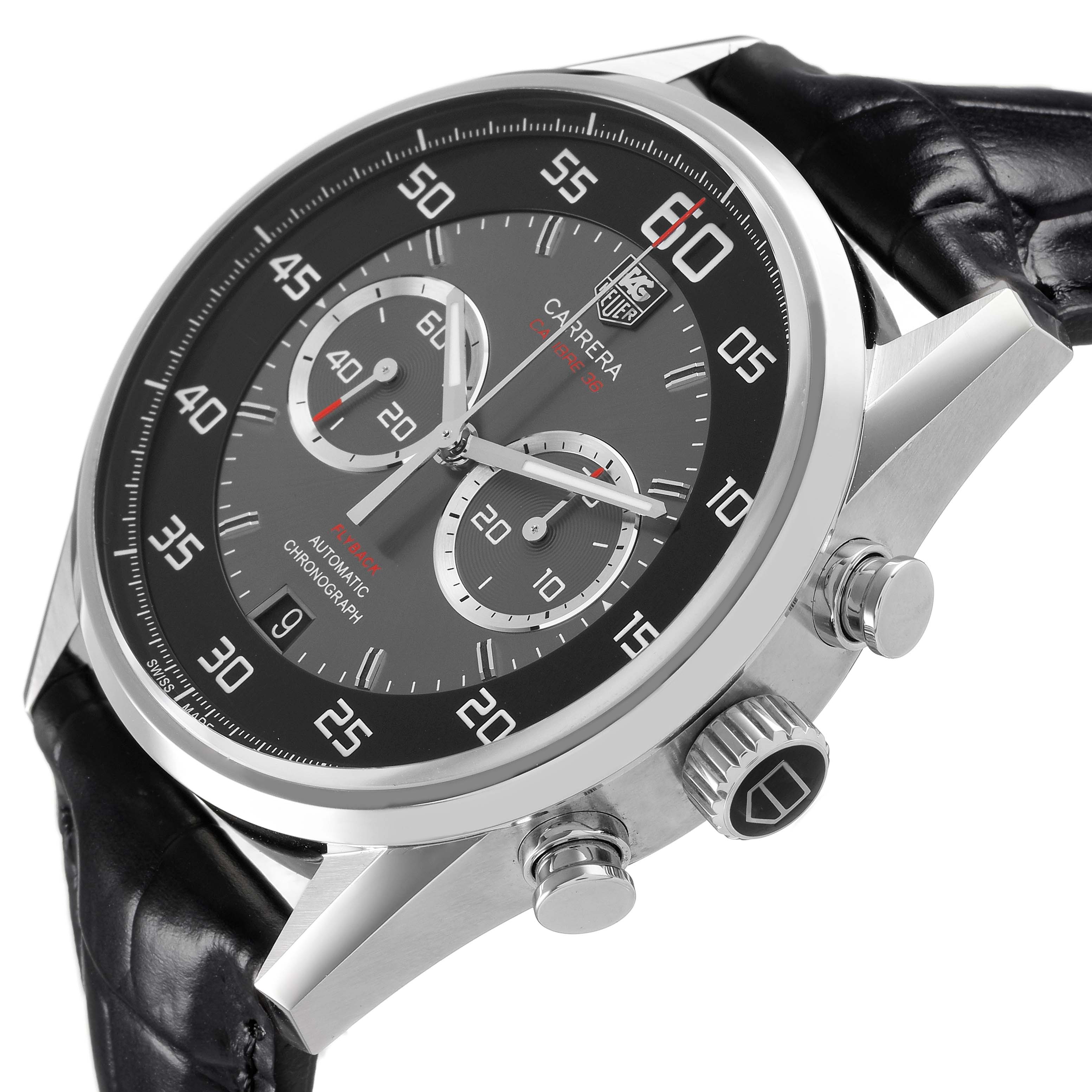 The image shows a TAG Heuer Carrera watch at a slight side angle, revealing the dial, bezel, pushers, and crown.