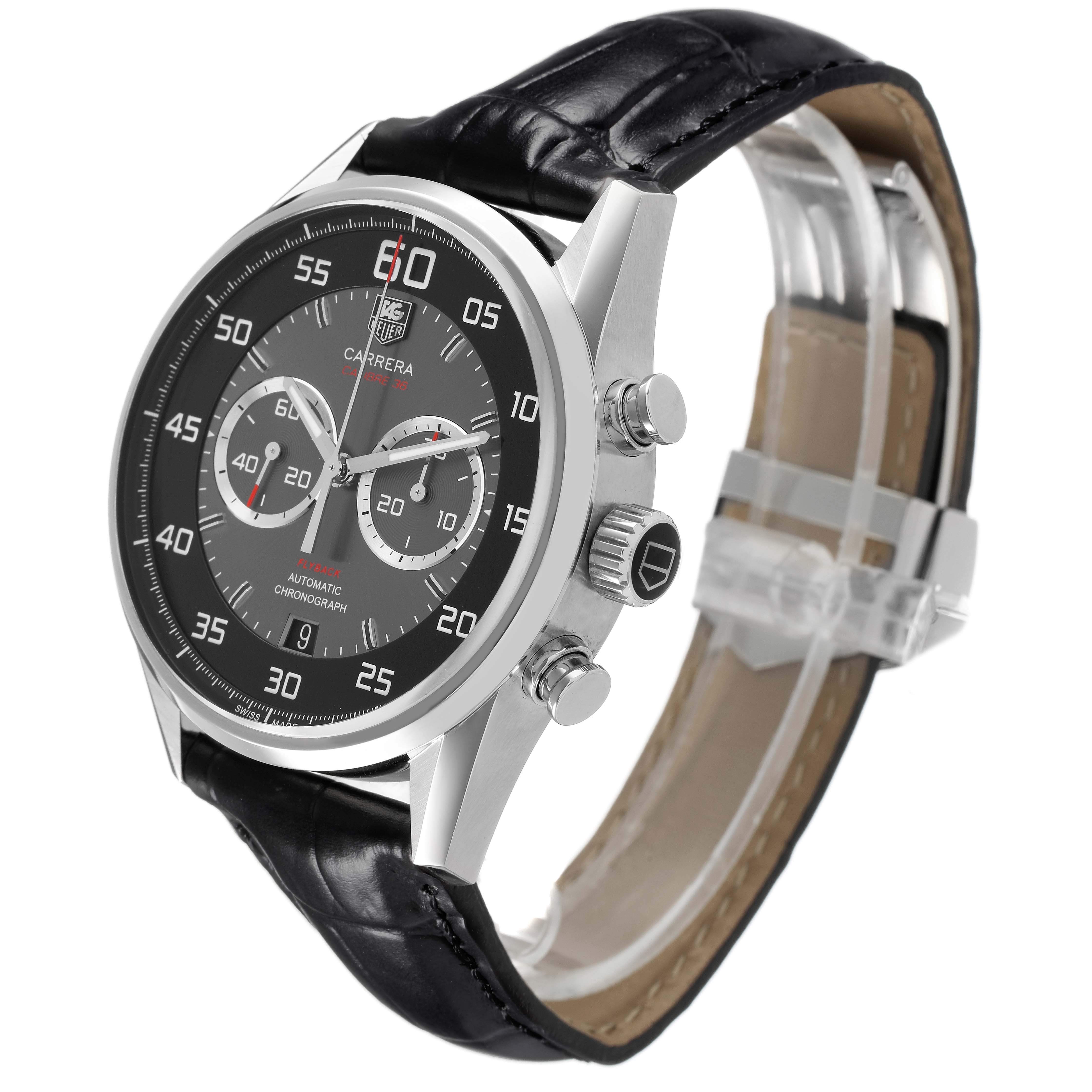 The Tag Heuer Carrera CAR2B10 Men's Stainless Steel Black Dial watch is shown at a three-quarter angle, highlighting the dial, crown, pushers, and leather strap.