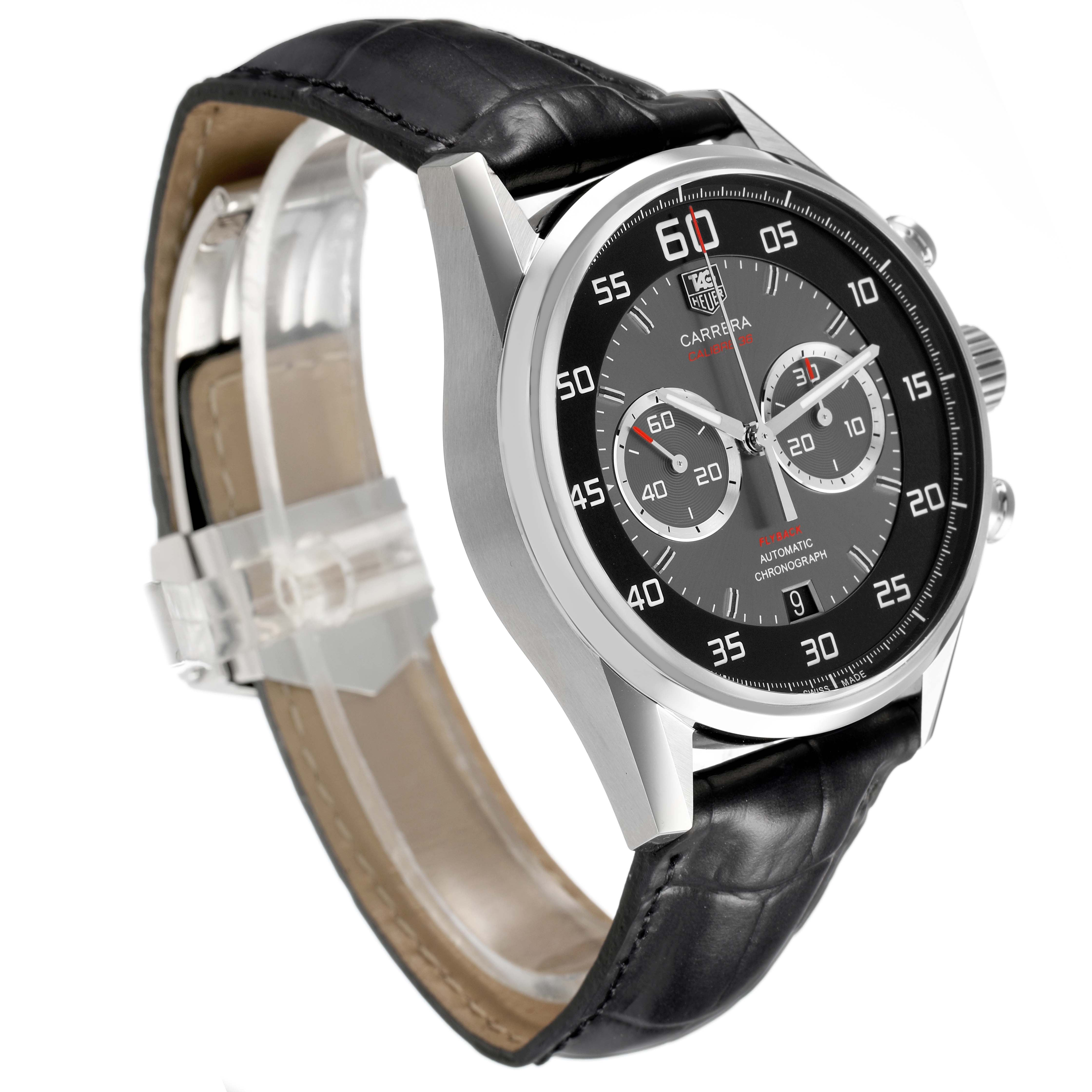 The Tag Heuer Carrera CAR2B10 Men's Stainless Steel Black Dial watch is shown at a slight angle, highlighting the face, bezel, and leather strap.