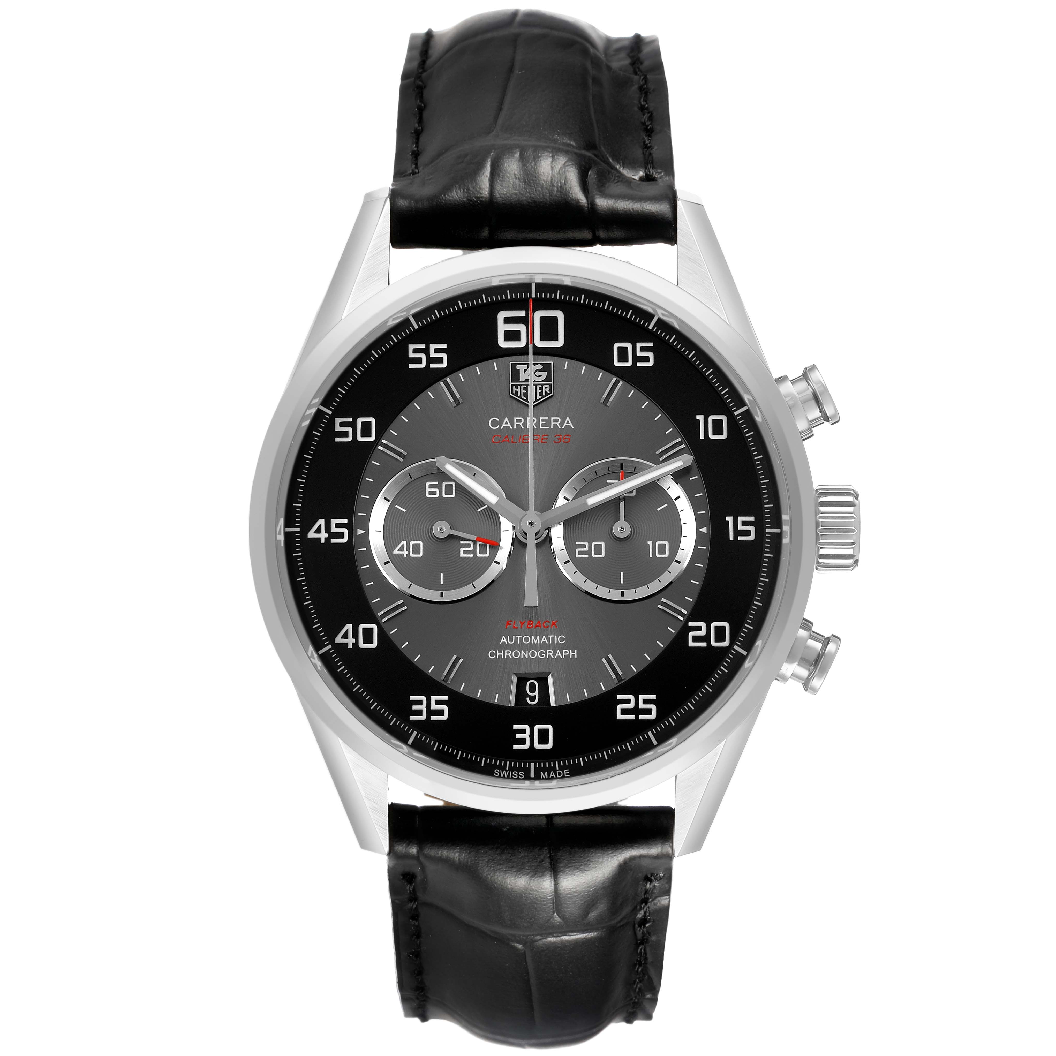 The Tag Heuer Carrera CAR2B10 Men's Stainless Steel Black Dial watch is shown from a front angle, highlighting its dial, strap, and side chronograph buttons.