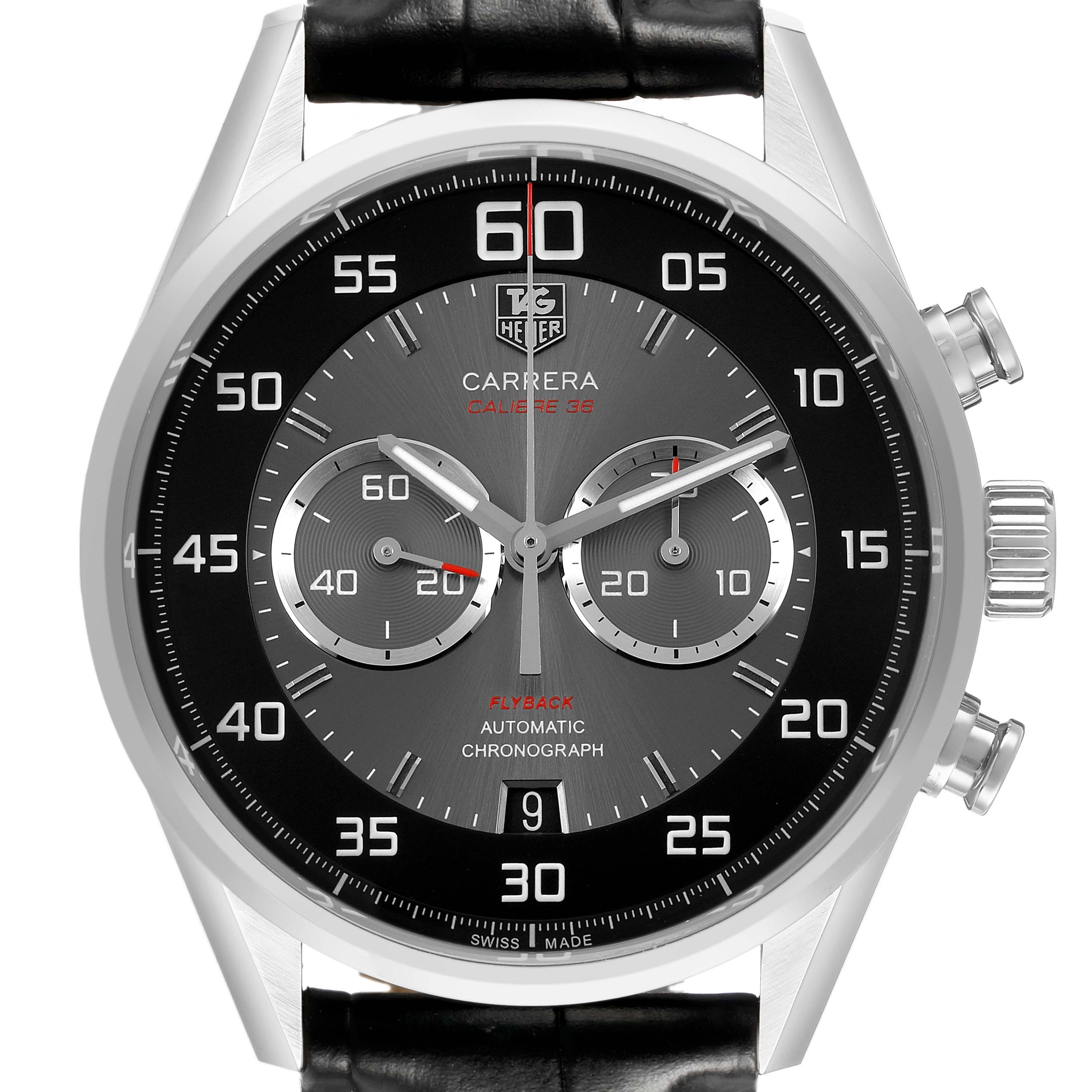 The Tag Heuer Carrera CAR2B10 Men's Stainless Steel Black Dial watch is shown from the front, displaying its face, dial, and side buttons.