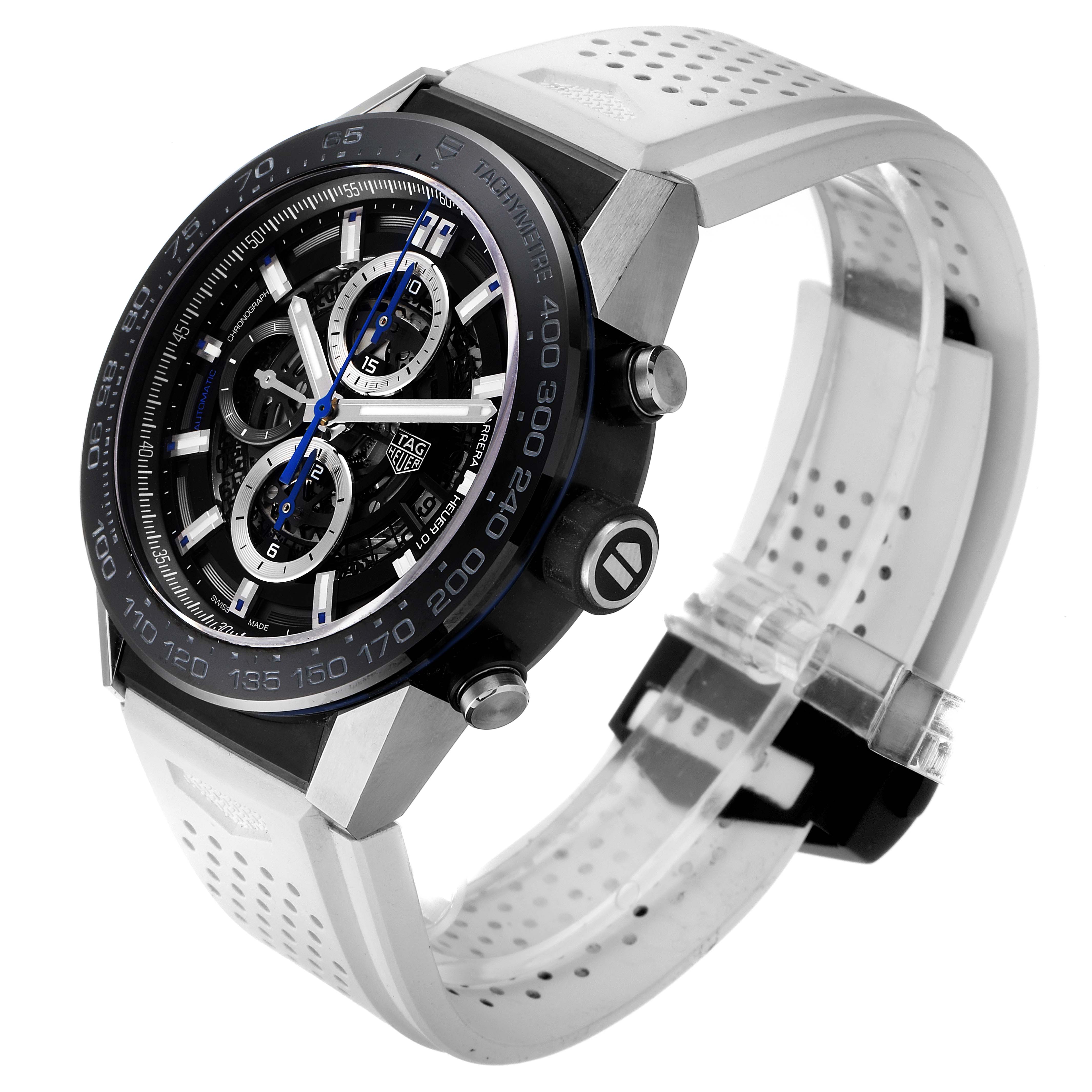 The image shows a Tag Heuer Carrera CAR2A1T-0 Men
s Stainless Steel Black Dial CAR2A1T-0 Men
s Stainless Steel Black Dial watch at a side angle displaying its face, bezel, and perforated strap.