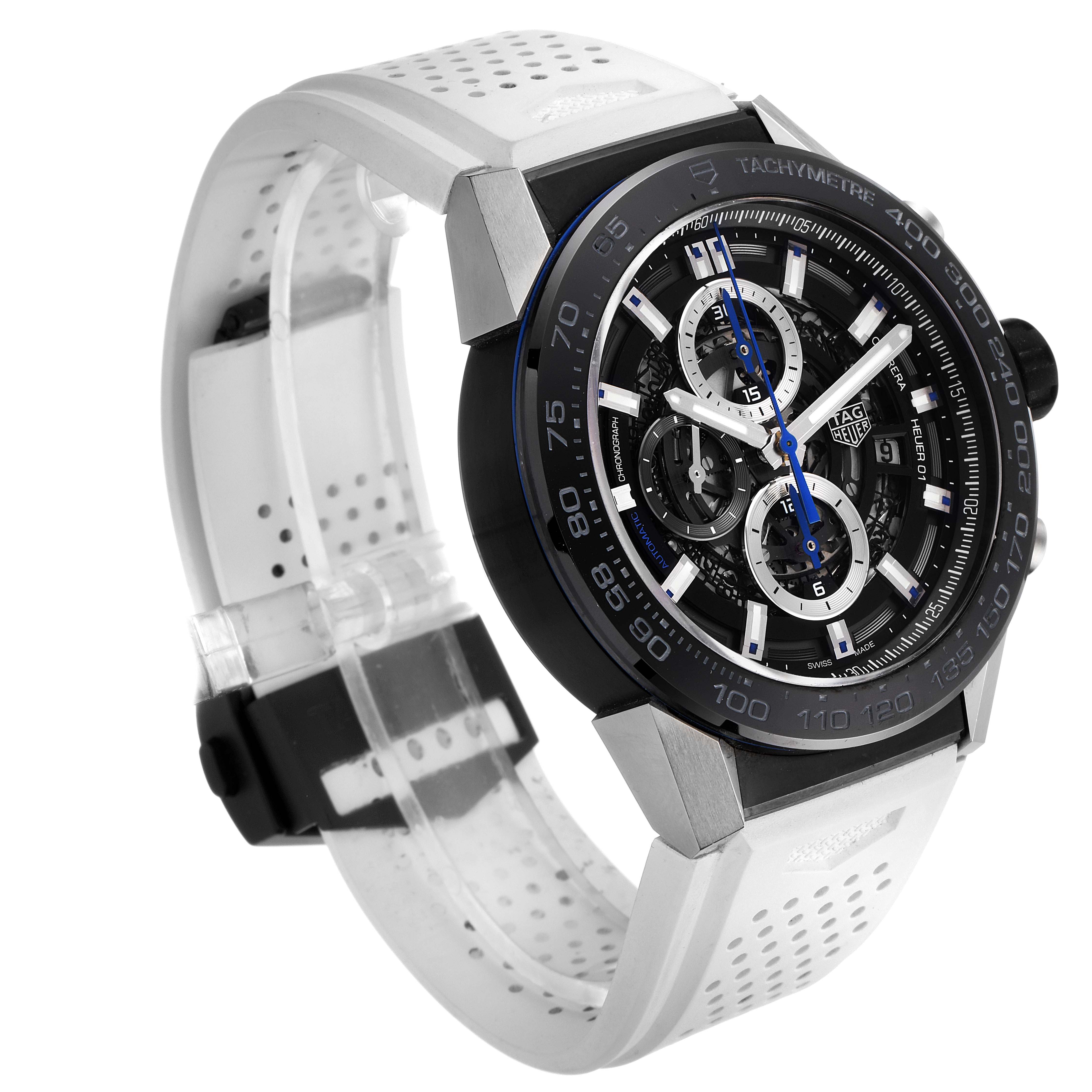 The image shows a side angle view of the Tag Heuer Carrera CAR2A1T-0 Men
s Stainless Steel Black Dial CAR2A1T-0 Men
s Stainless Steel Black Dial watch, highlighting the dial, bezel, and white perforated strap.