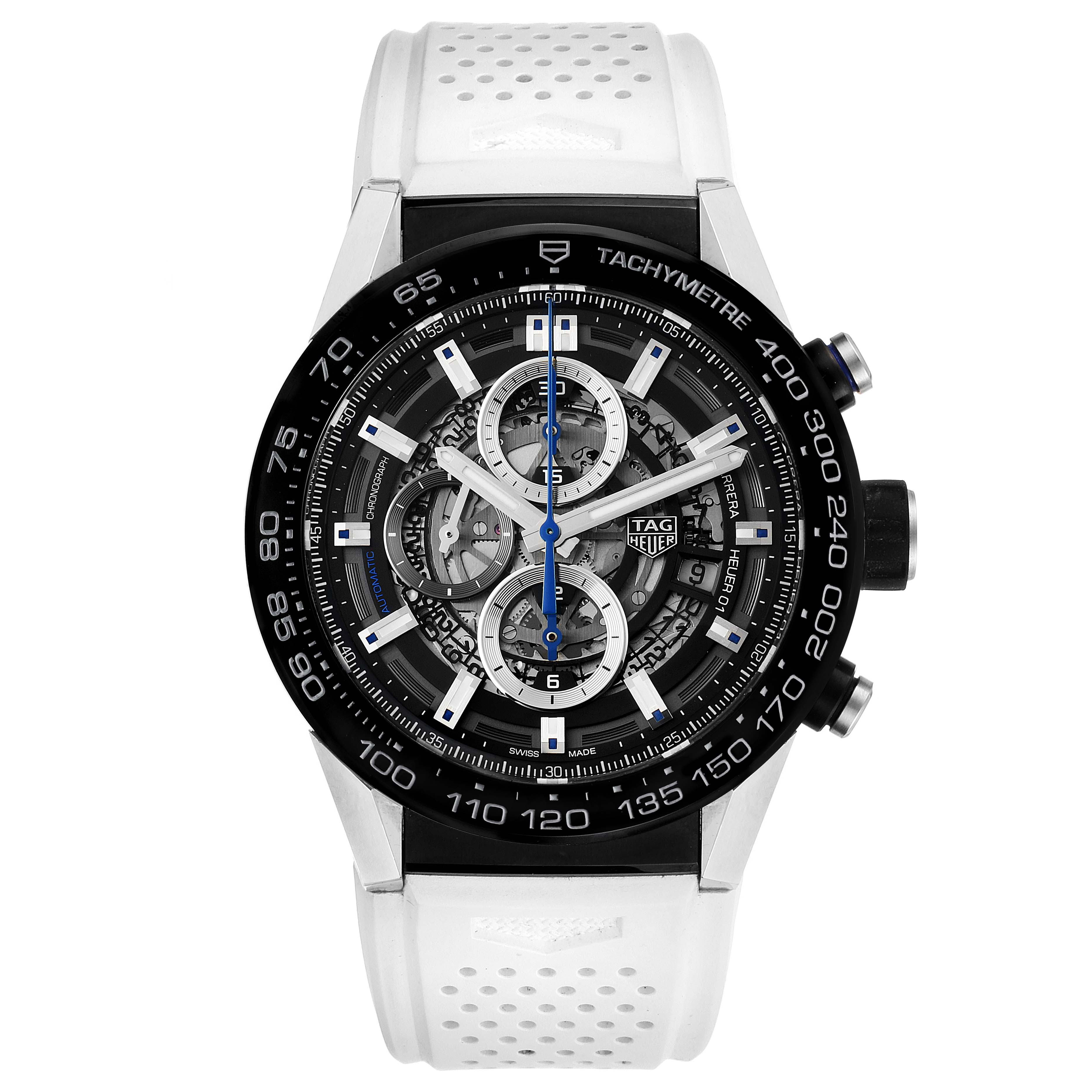 The image shows a front view of the Tag Heuer Carrera CAR2A1T-0 Men
s Stainless Steel Black Dial CAR2A1T-0 Men
s Stainless Steel Black Dial watch, featuring its dial, bezel, and white perforated strap.