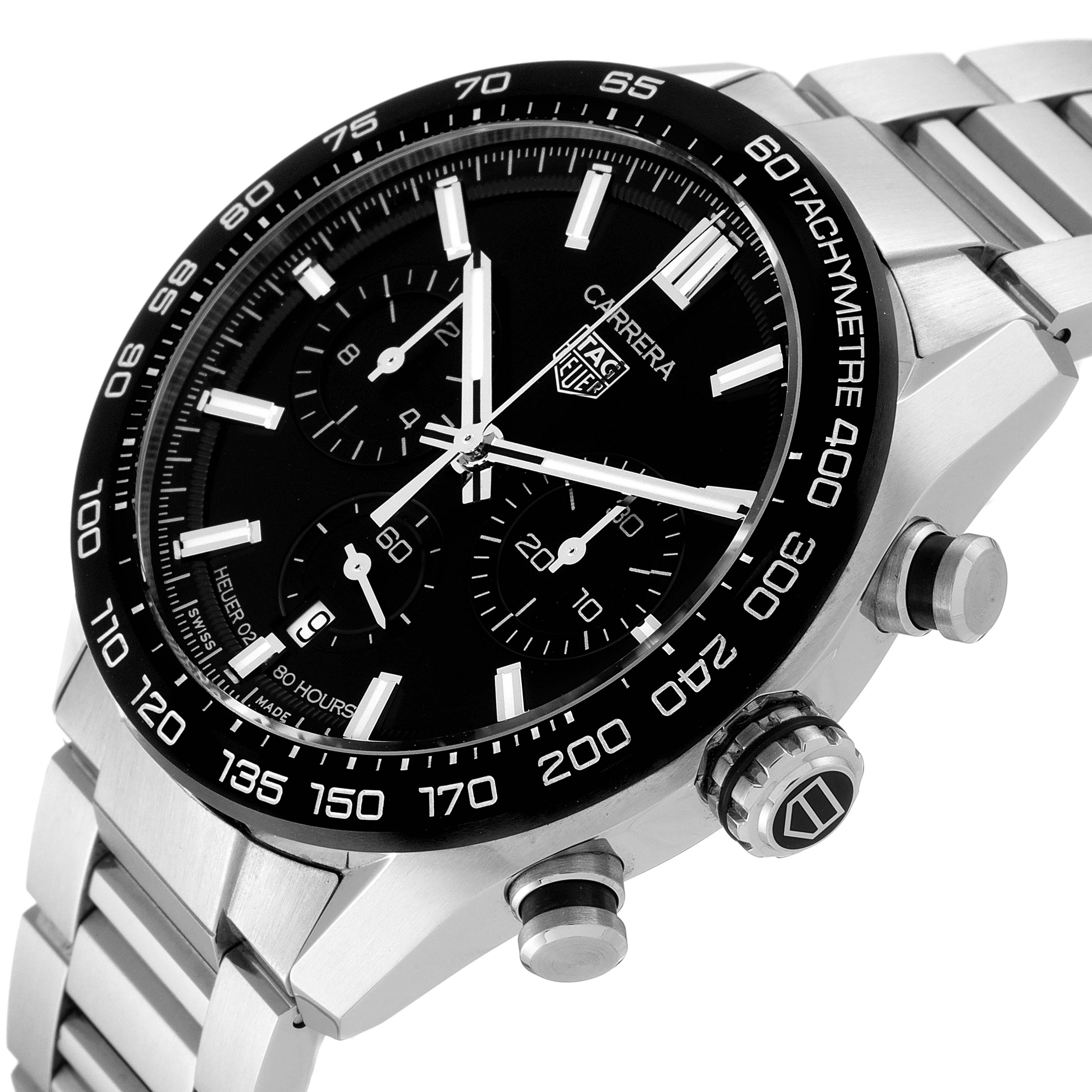 The image shows the face and side of the Tag Heuer Carrera CBN2A1B.BA0643 Men's Stainless Steel Black Dial CBN2A1B.BA0643 Men's Stainless Steel Black Dial model watch, highlighting its dial, bezel, and pushers.