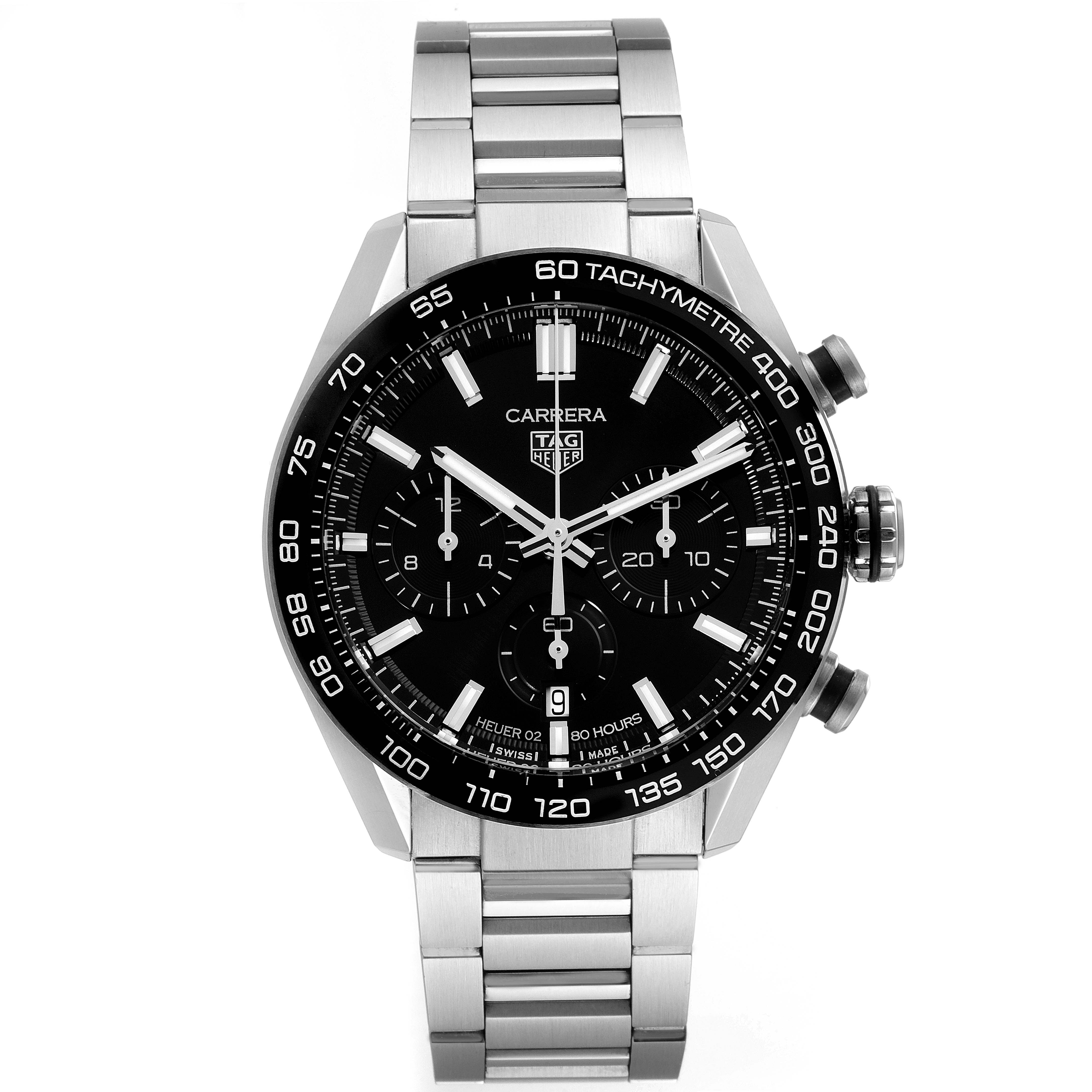 This image shows a front view of a Tag Heuer Carrera CBN2A1B.BA0643 Men's Stainless Steel Black Dial CBN2A1B.BA0643 Men's Stainless Steel Black Dial watch, displaying its face, bezel, and metal bracelet.