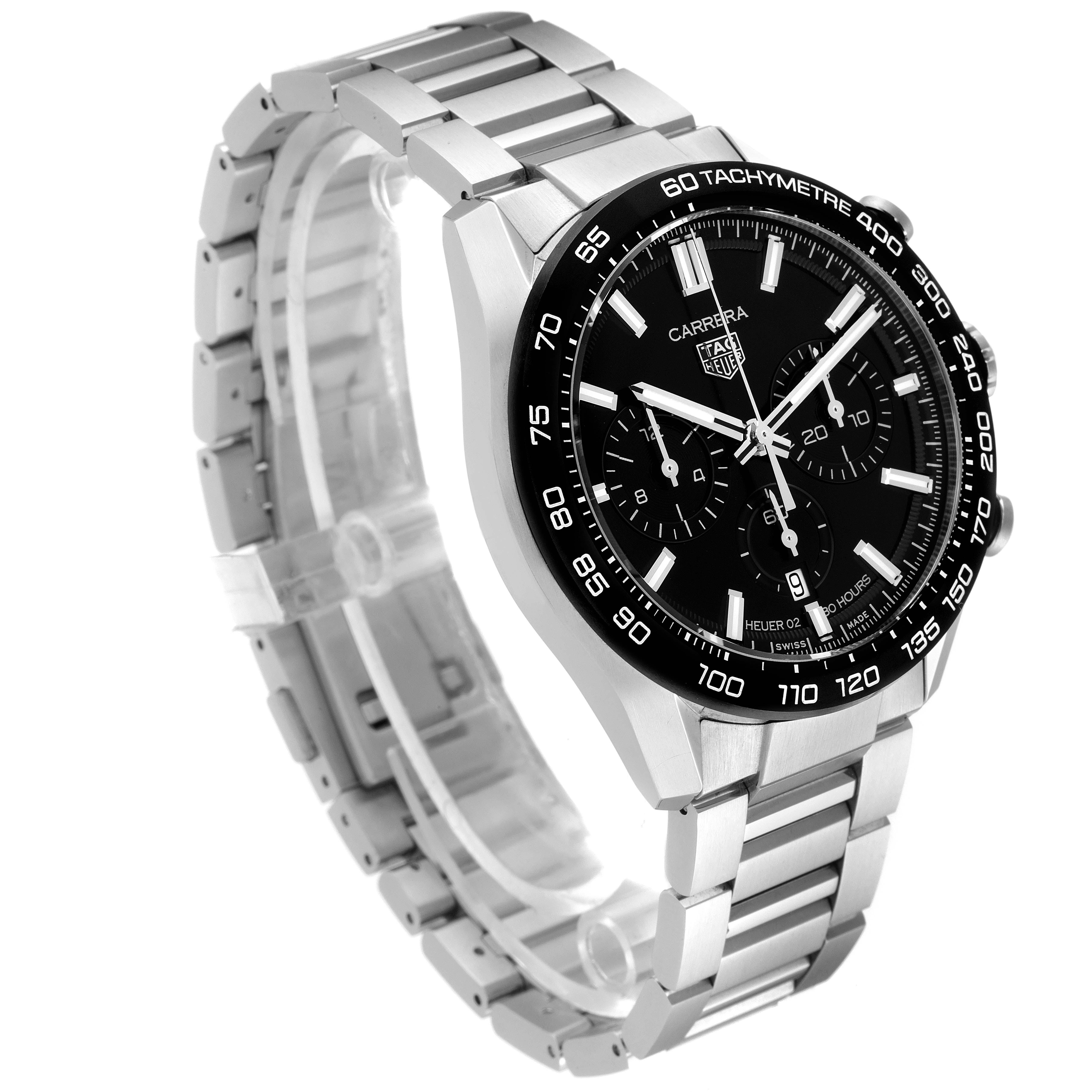 The image shows a Tag Heuer Carrera CBN2A1B.BA0643 Men's Stainless Steel Black Dial CBN2A1B.BA0643 Men's Stainless Steel Black Dial model watch at a three-quarter angle, highlighting its face, tachymeter bezel, and metal bracelet.