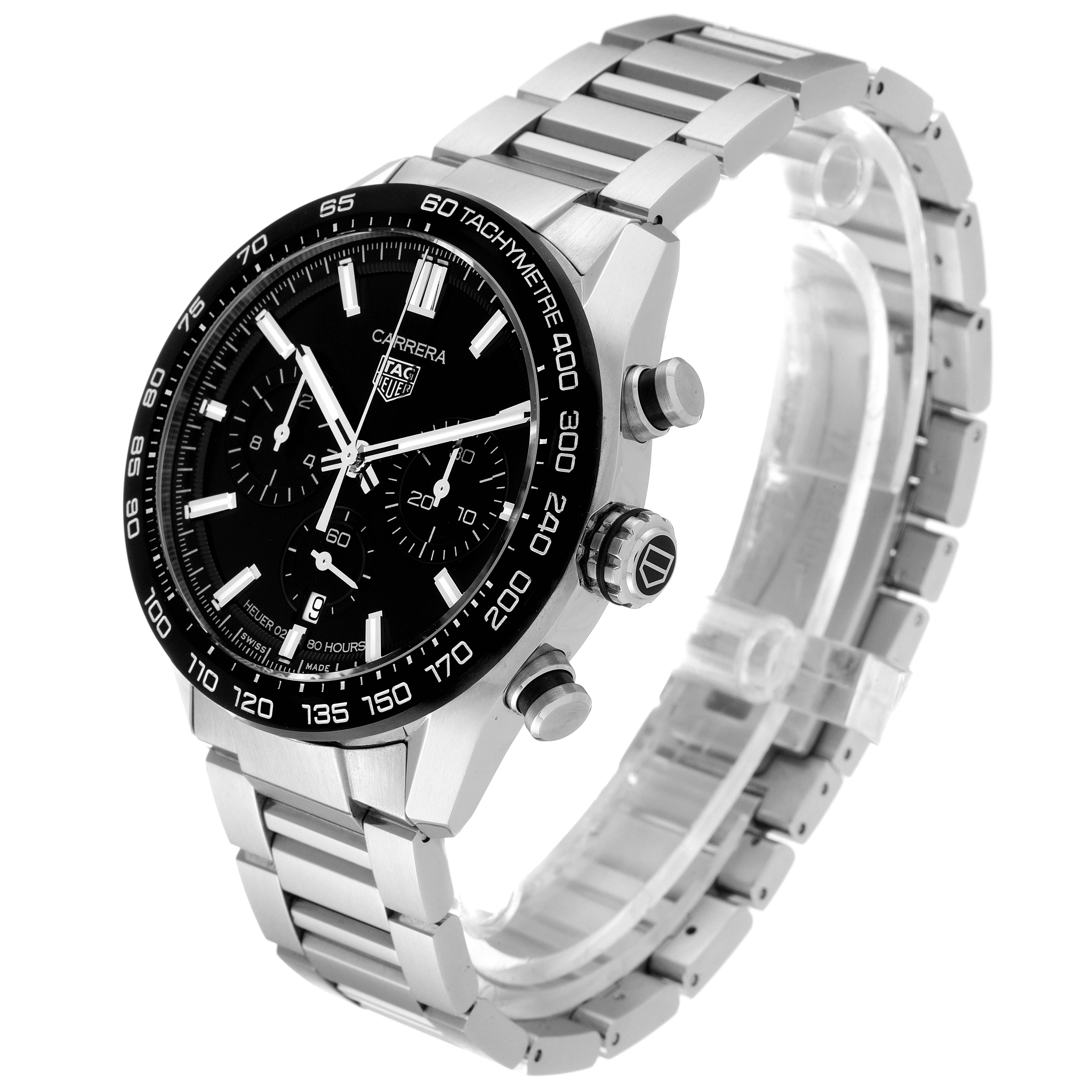 The image shows a side-angle view of a Tag Heuer Carrera CBN2A1B.BA0643 Men's Stainless Steel Black Dial CBN2A1B.BA0643 Men's Stainless Steel Black Dial watch, displaying its metal bracelet, black dial, and chronograph buttons.