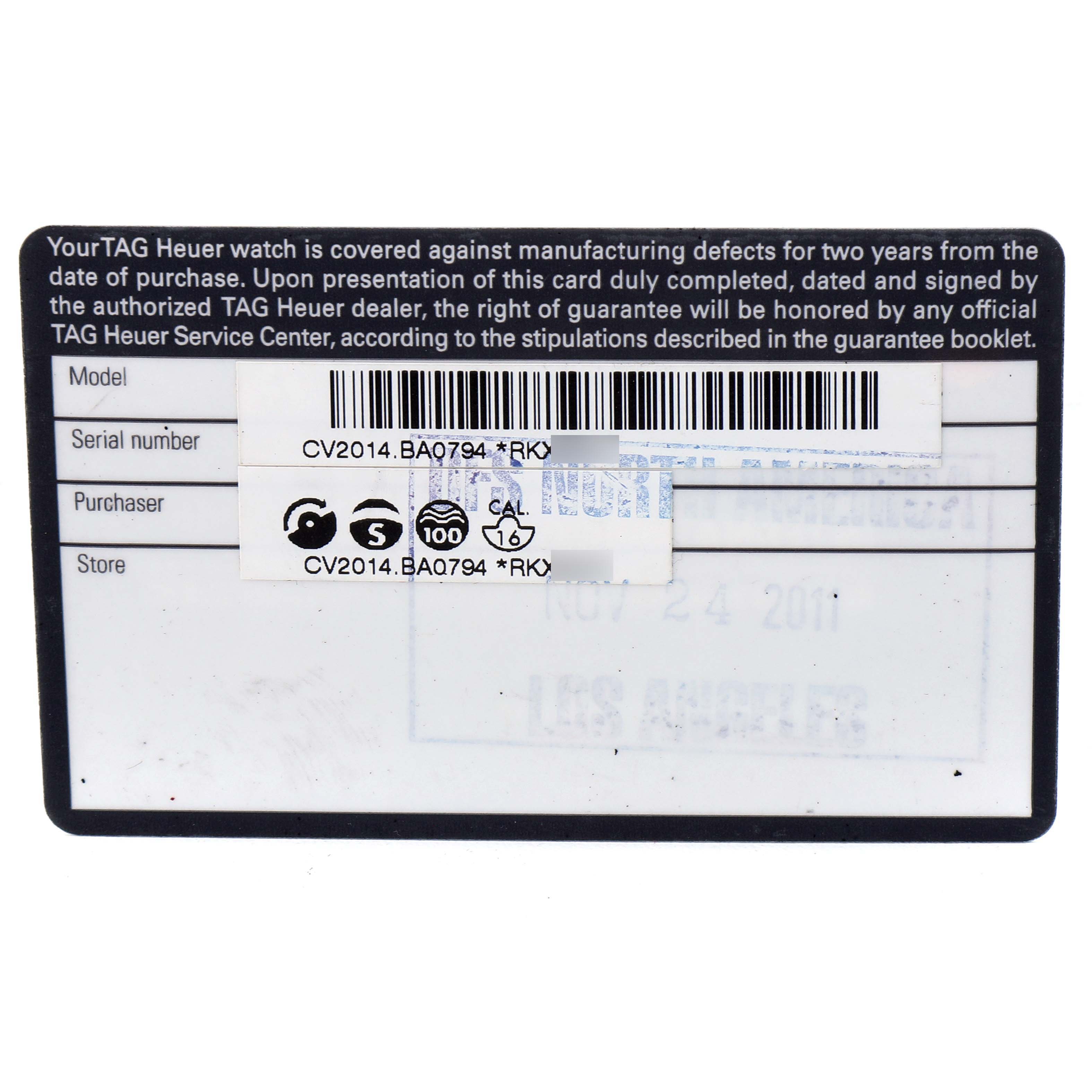 The image shows a warranty card for the Tag Heuer Carrera CV2014 Men's Stainless Steel Black Dial model, displaying serial and model numbers.