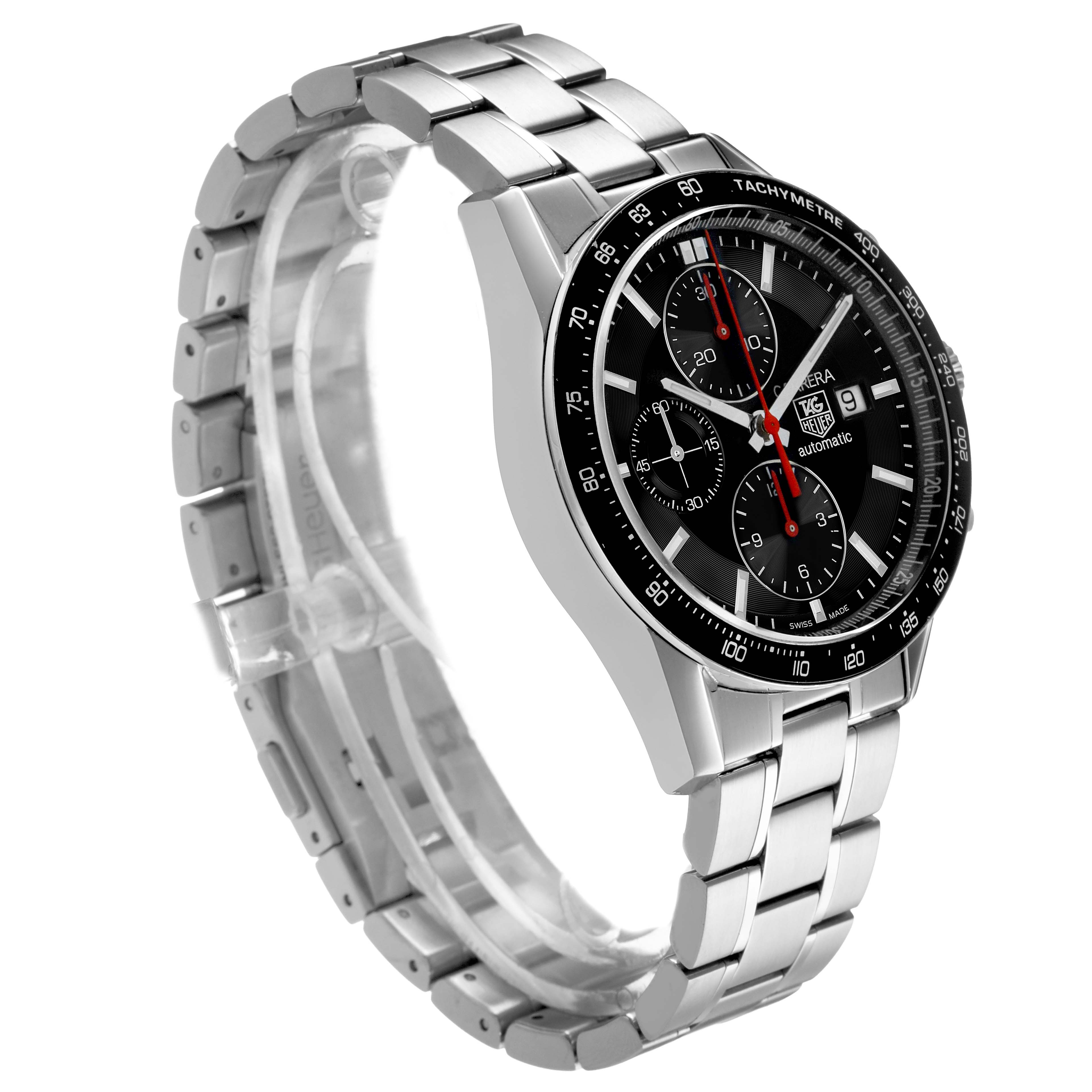 The Tag Heuer Carrera CV2014 Men's Stainless Steel Black Dial watch is shown from a three-quarter angle, highlighting the face, tachymeter bezel, and metal bracelet.
