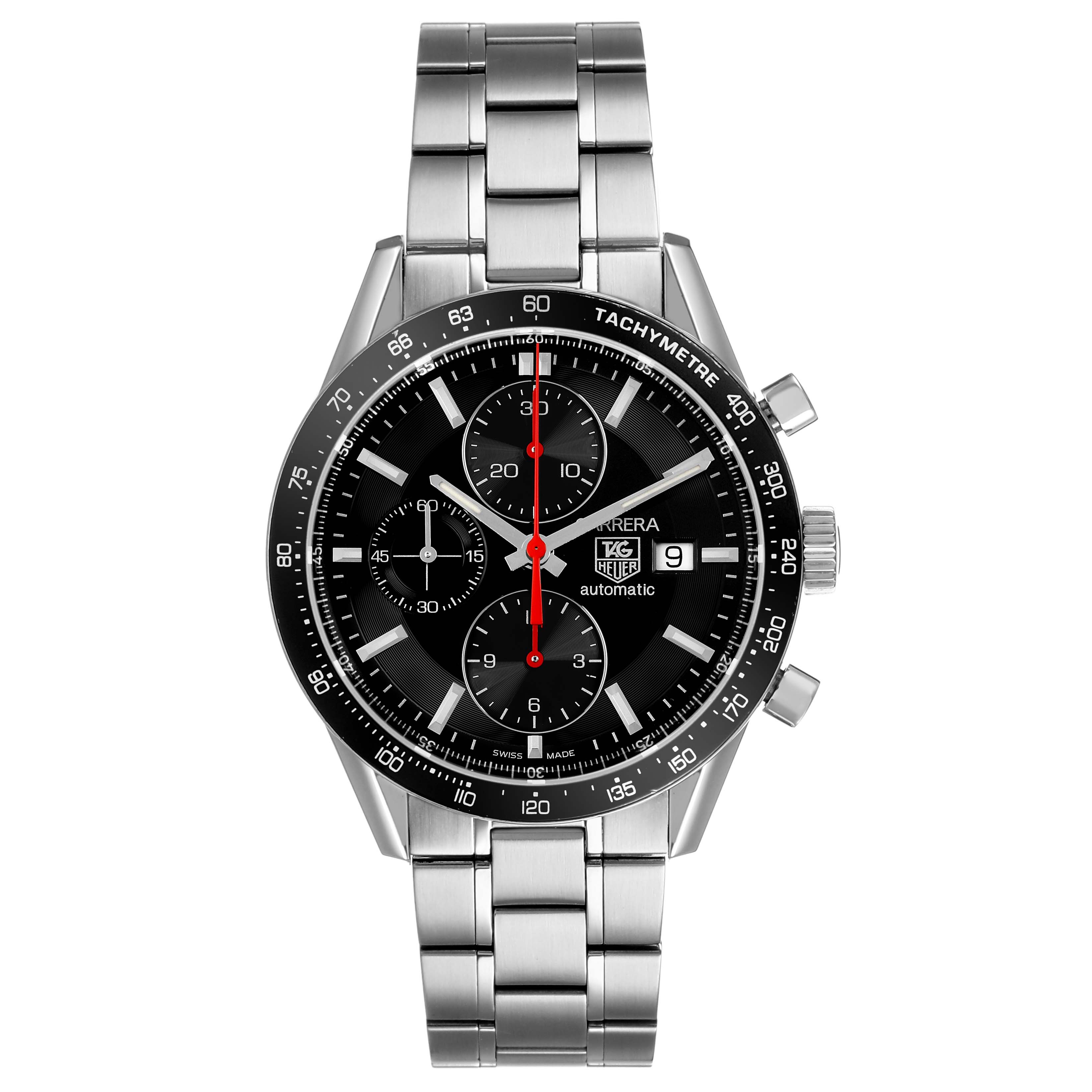 The Tag Heuer Carrera CV2014 Men's Stainless Steel Black Dial watch is shown from a front view, displaying its dial, tachymeter bezel, and stainless steel bracelet.