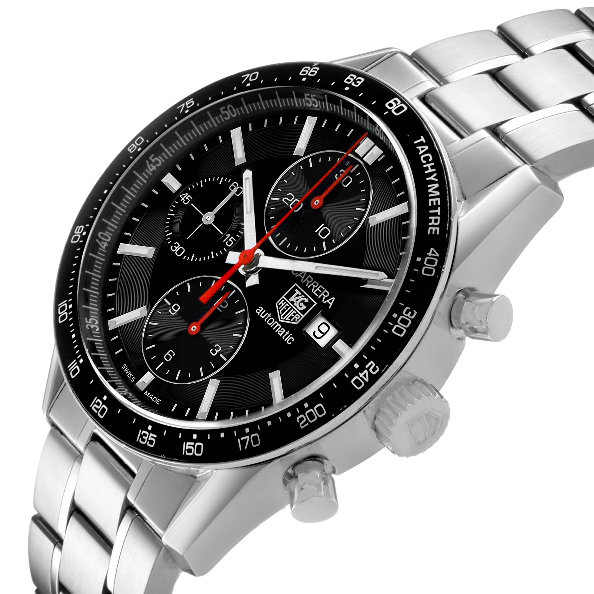 The Tag Heuer Carrera CV2014 Men's Stainless Steel Black Dial watch is shown at an angled view highlighting the face, crown, pushers, and stainless steel band.
