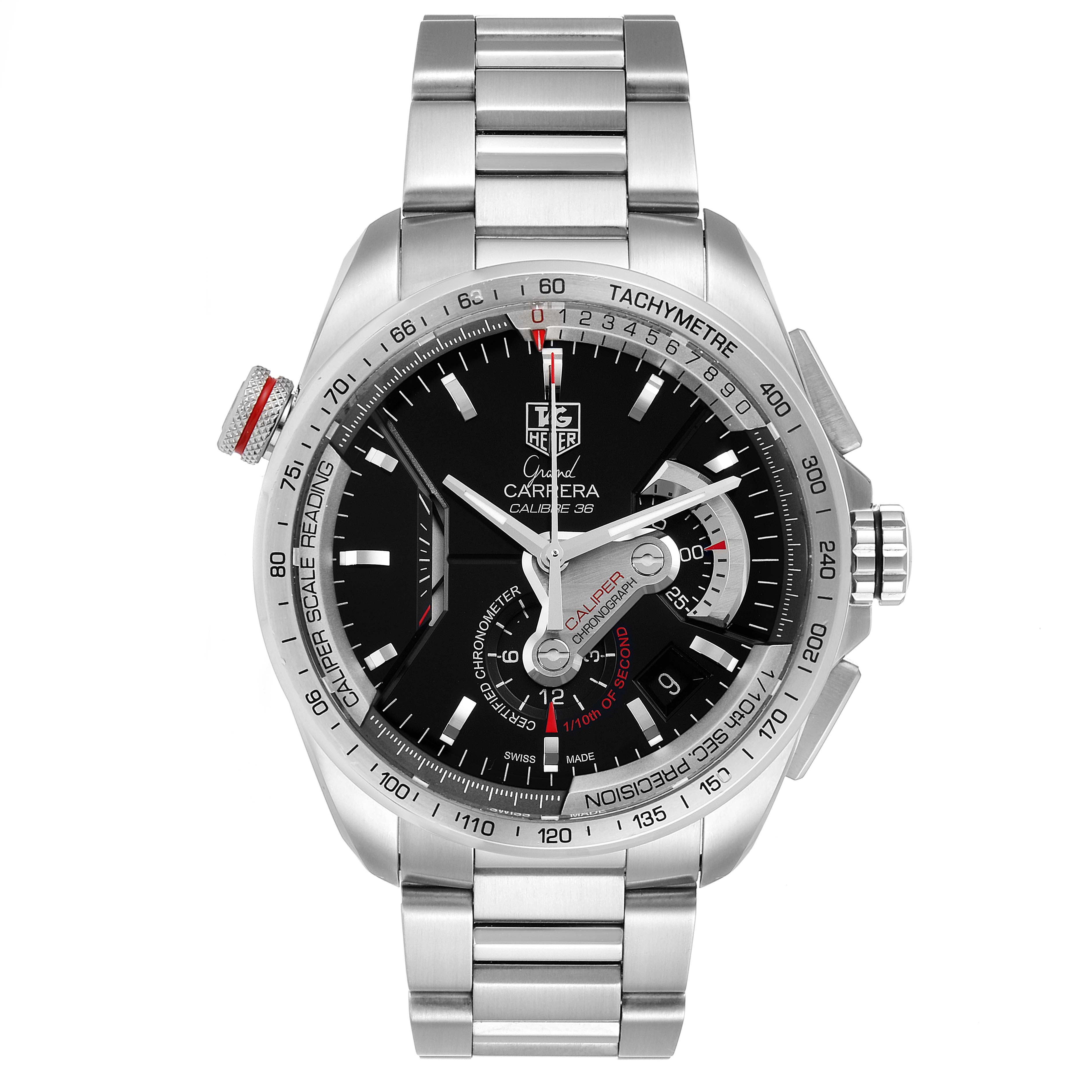 The Tag Heuer Carrera CAV5115.BA0902 Men
s Stainless Steel Black Dial CAV5115.BA0902 Men
s Stainless Steel Black Dial model watch is shown from a front view, displaying its face and stainless steel bracelet.