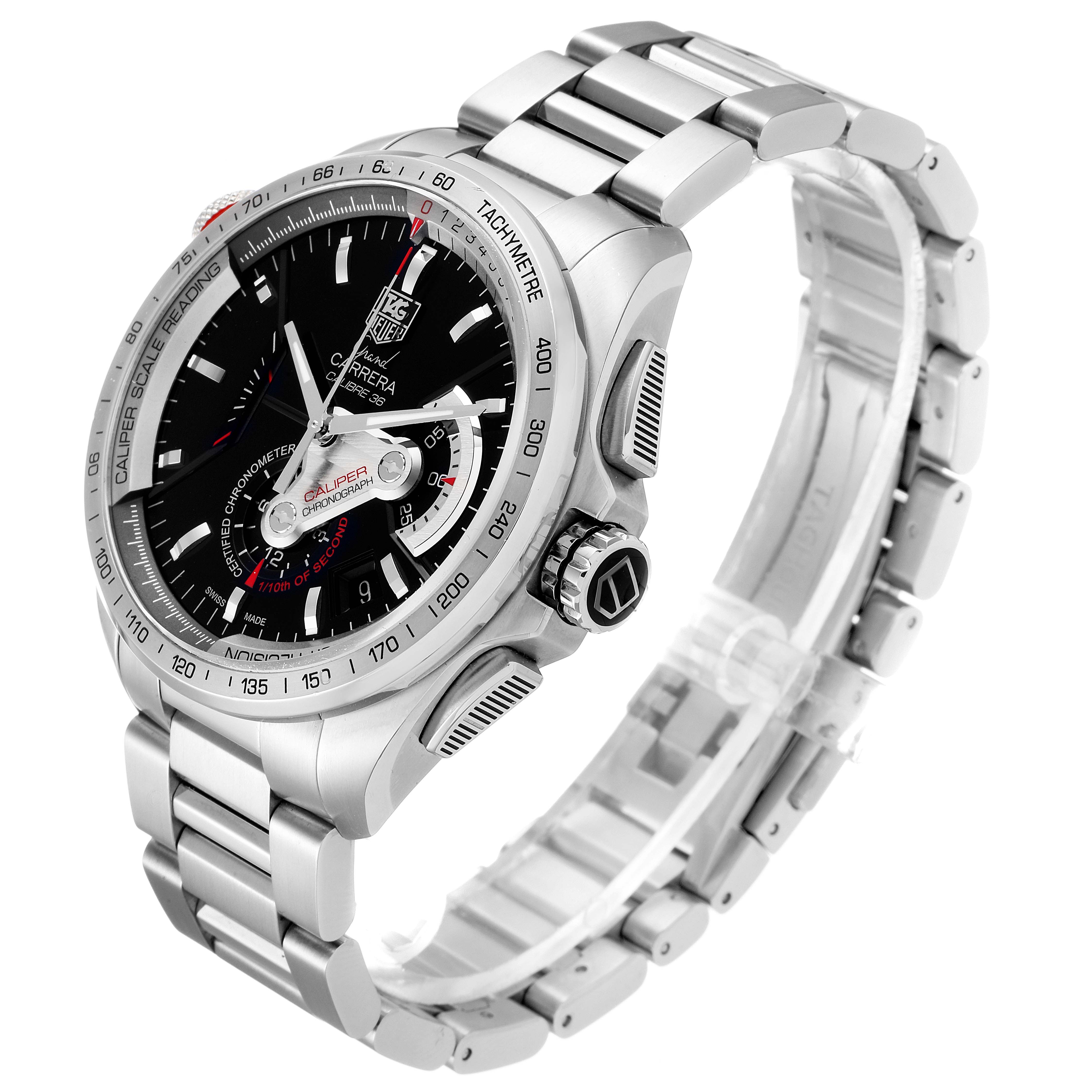 The image shows a side angle view of the Tag Heuer Carrera CAV5115.BA0902 Men
s Stainless Steel Black Dial CAV5115.BA0902 Men
s Stainless Steel Black Dial watch, featuring the dial, bezel, and metal bracelet.