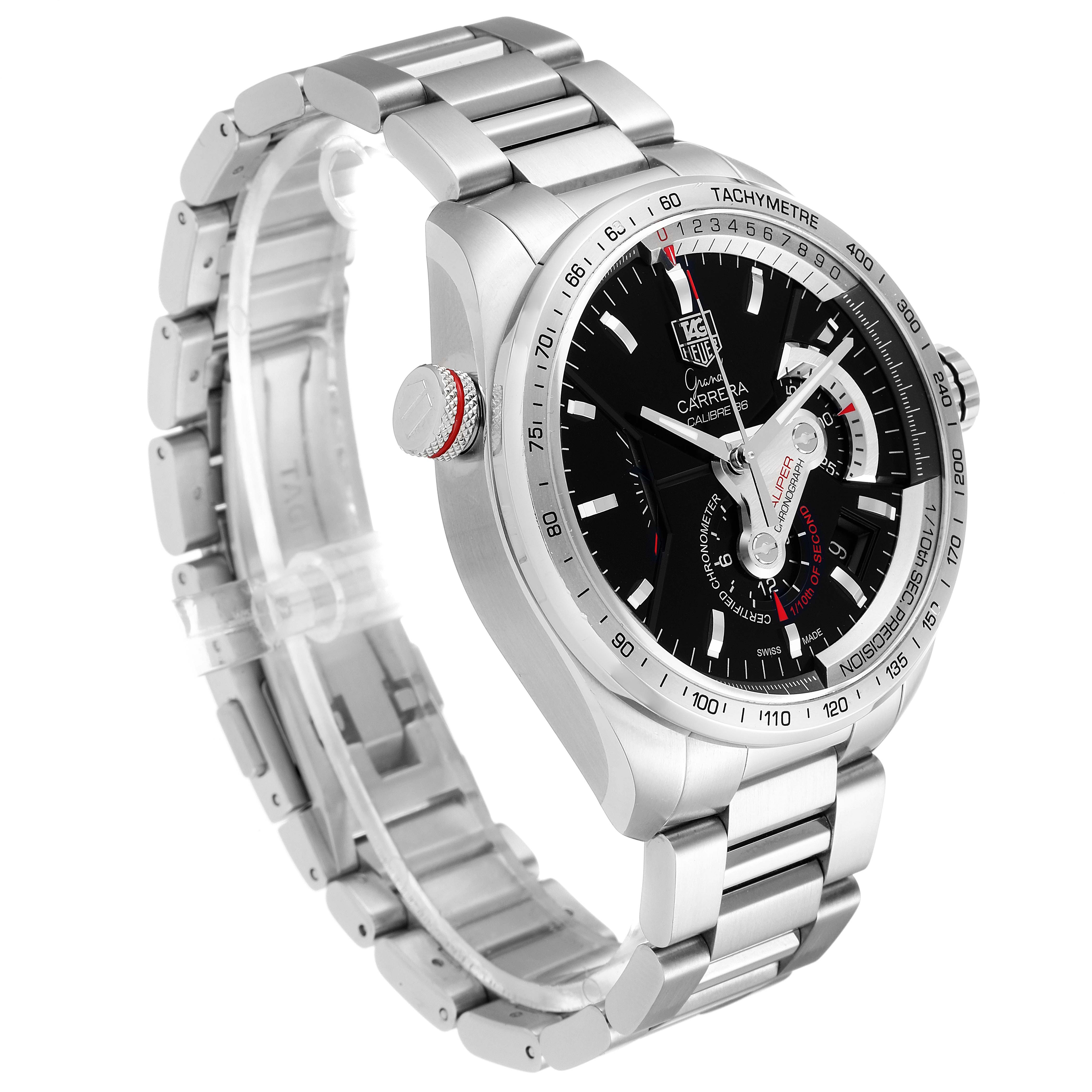 The Tag Heuer Carrera CAV5115.BA0902 Men
s Stainless Steel Black Dial CAV5115.BA0902 Men
s Stainless Steel Black Dial watch is shown at an oblique angle, highlighting its stainless steel band, black dial, and bezel with tachymeter markings.