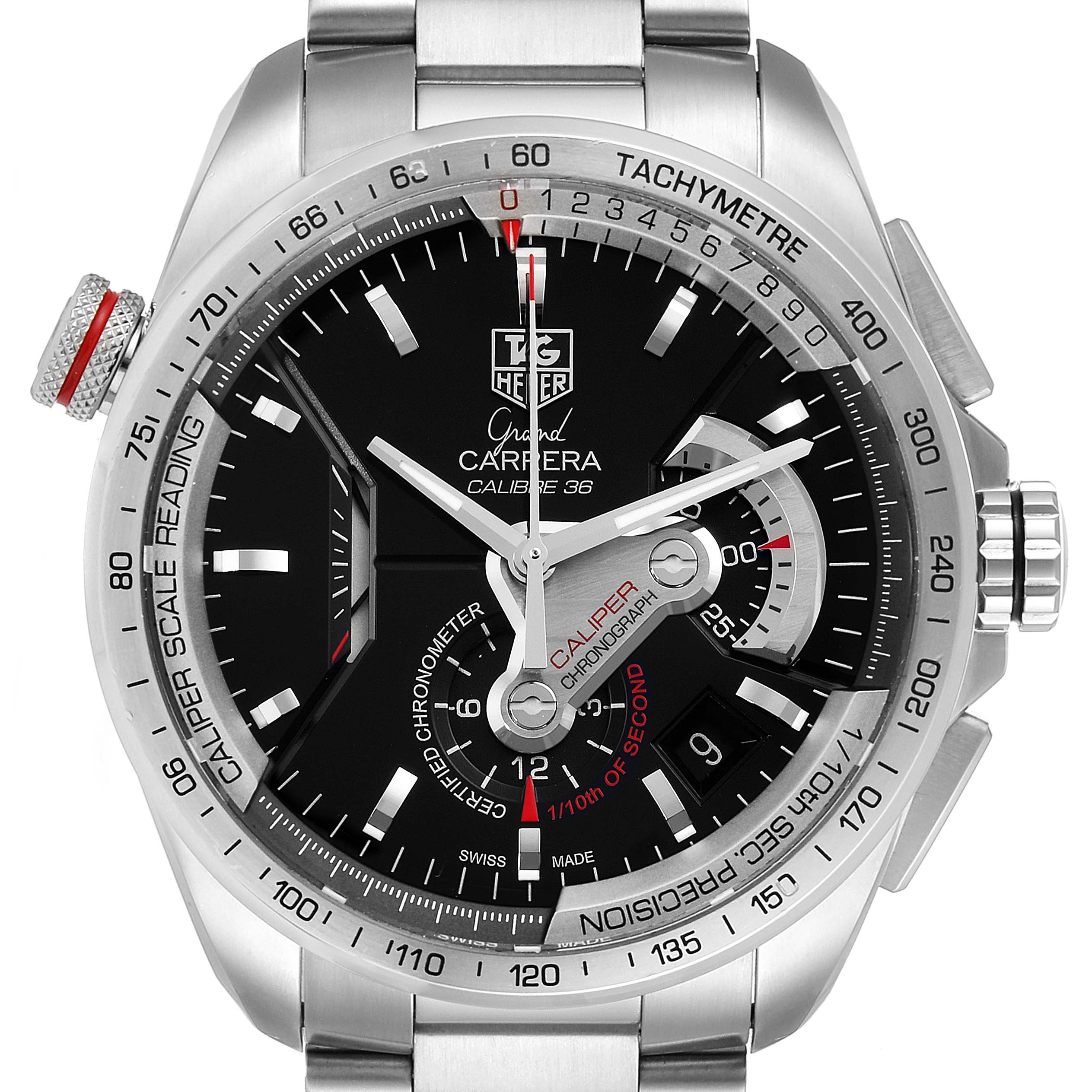 The image shows a close-up frontal view of the Tag Heuer Carrera CAV5115.BA0902 Men
s Stainless Steel Black Dial CAV5115.BA0902 Men
s Stainless Steel Black Dial watch model, featuring the dial, bezel, and metal bracelet.