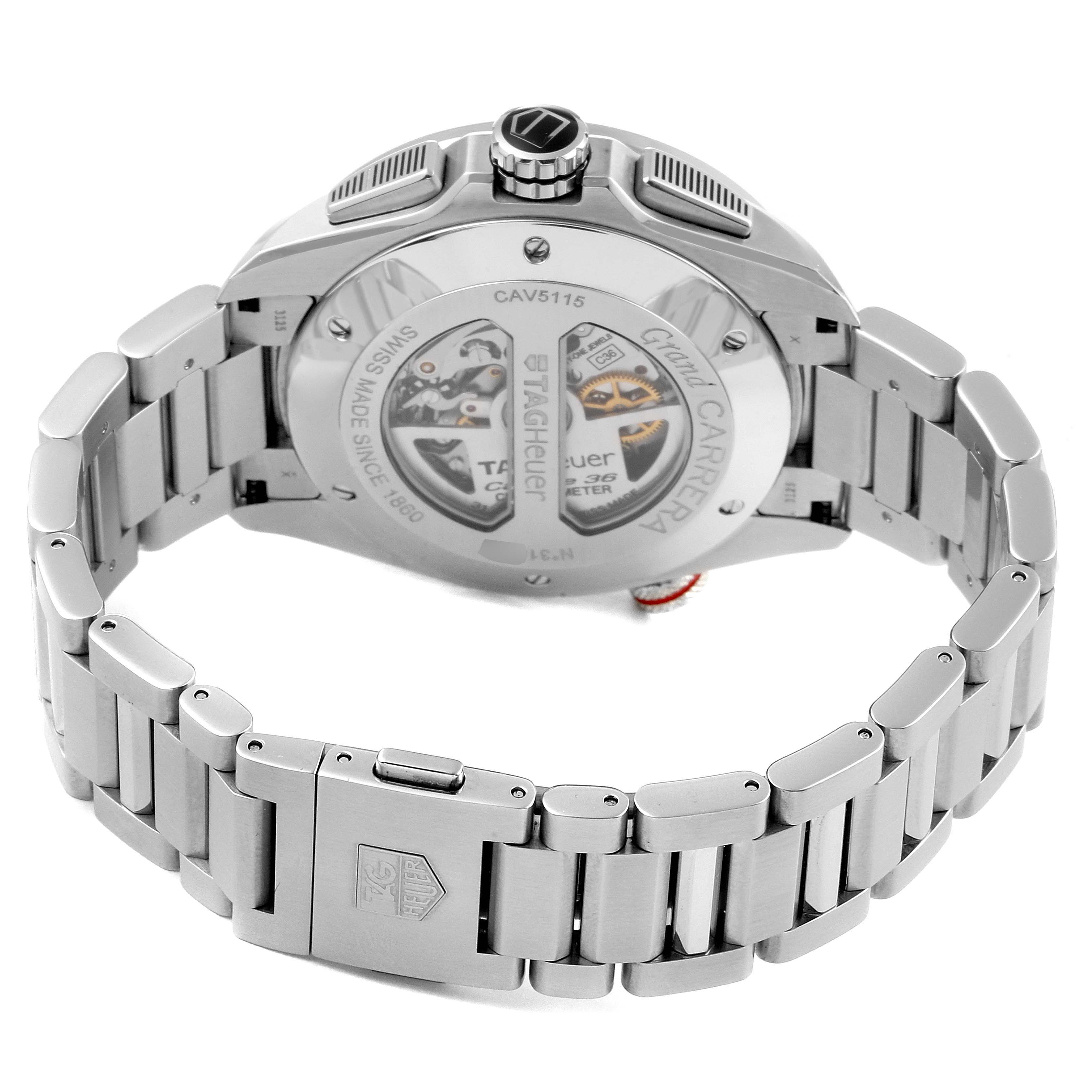 The image shows the back and bracelet of the Tag Heuer Carrera CAV5115.BA0902 Men
s Stainless Steel Black Dial CAV5115.BA0902 Men
s Stainless Steel Black Dial model watch, highlighting its transparent case back and metal links.