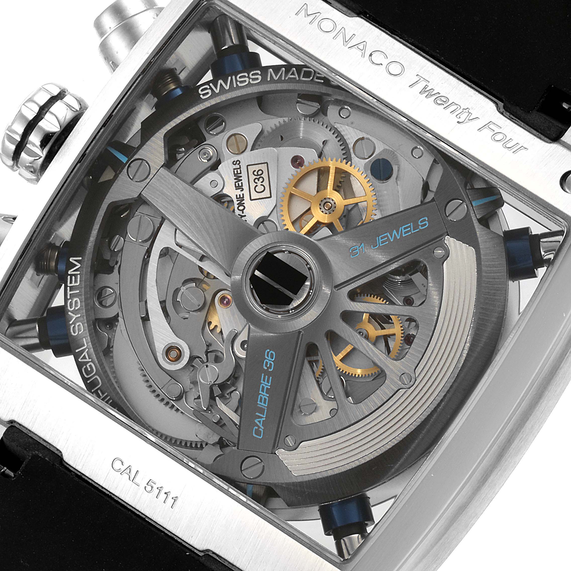 This image shows the back view of the Tag Heuer Monaco CAL5111.FC6299 Men
s Stainless Steel Blue Dial CAL5111.FC6299 Men
s Stainless Steel Blue Dial watch, highlighting the mechanical movement and inner components.