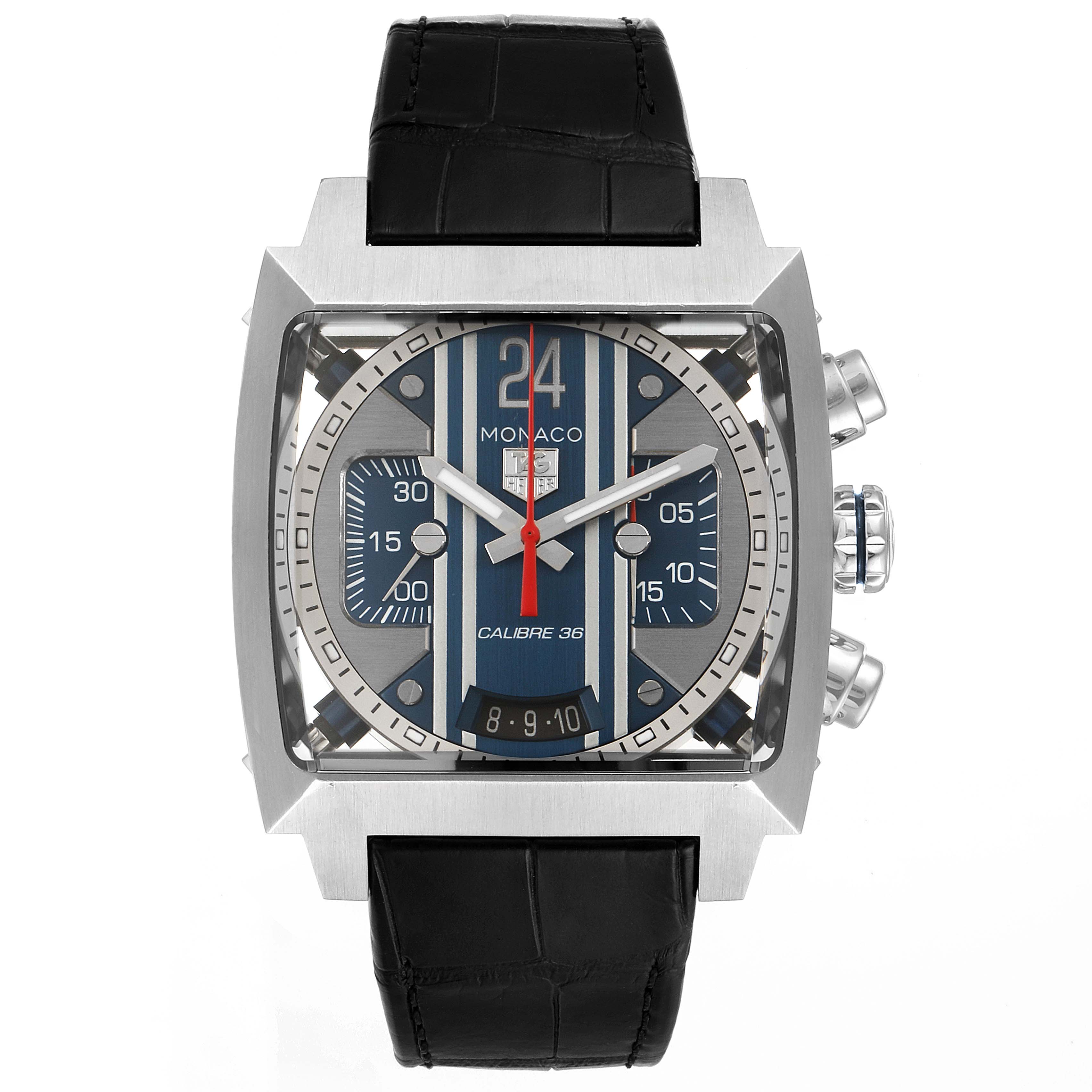 The image shows a frontal view of the Tag Heuer Monaco CAL5111.FC6299 Men
s Stainless Steel Blue Dial CAL5111.FC6299 Men
s Stainless Steel Blue Dial watch, displaying the dial, hands, and leather strap.