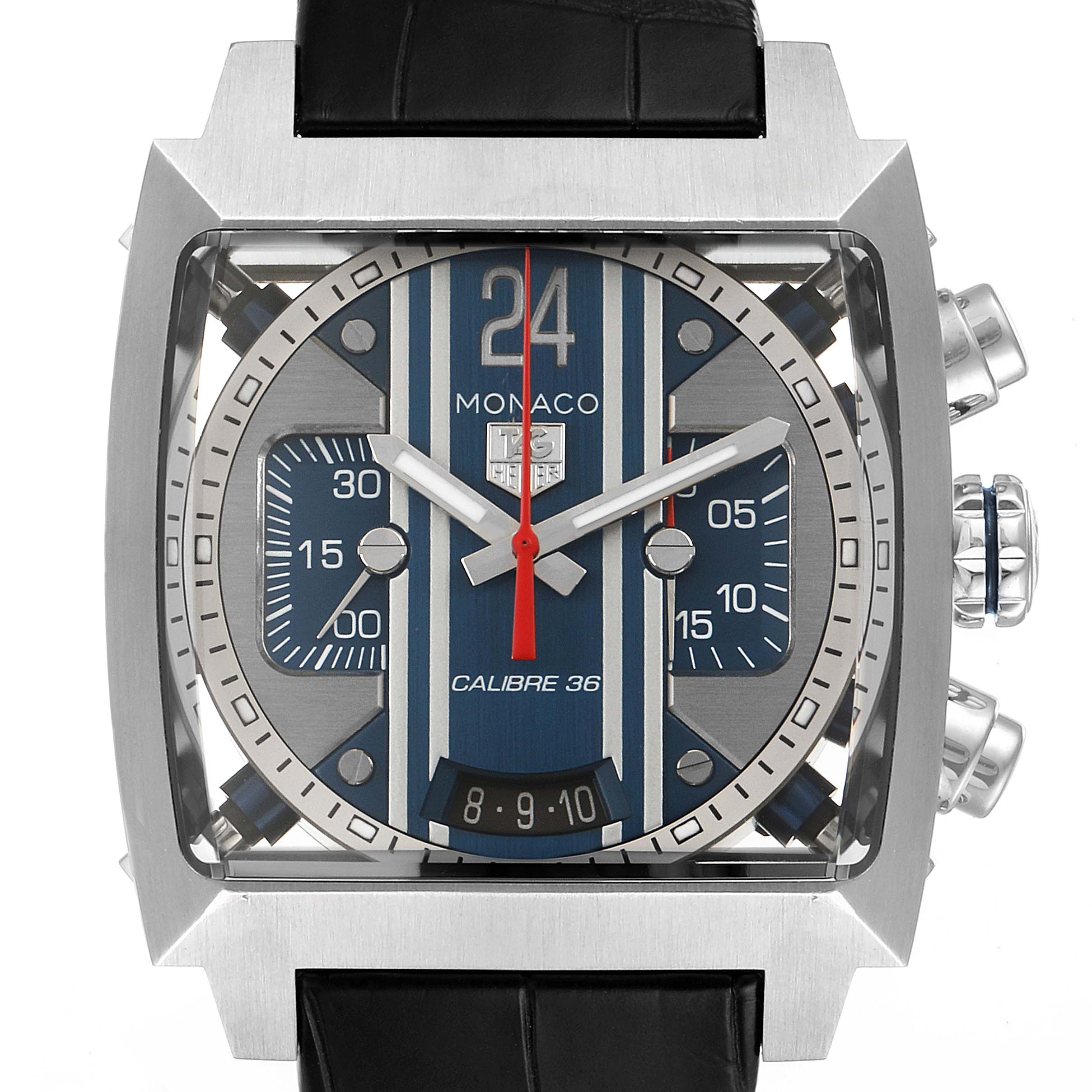 The Tag Heuer Monaco CAL5111.FC6299 Men
s Stainless Steel Blue Dial CAL5111.FC6299 Men
s Stainless Steel Blue Dial watch is shown from a front angle, highlighting the dial, buttons, and part of the strap.