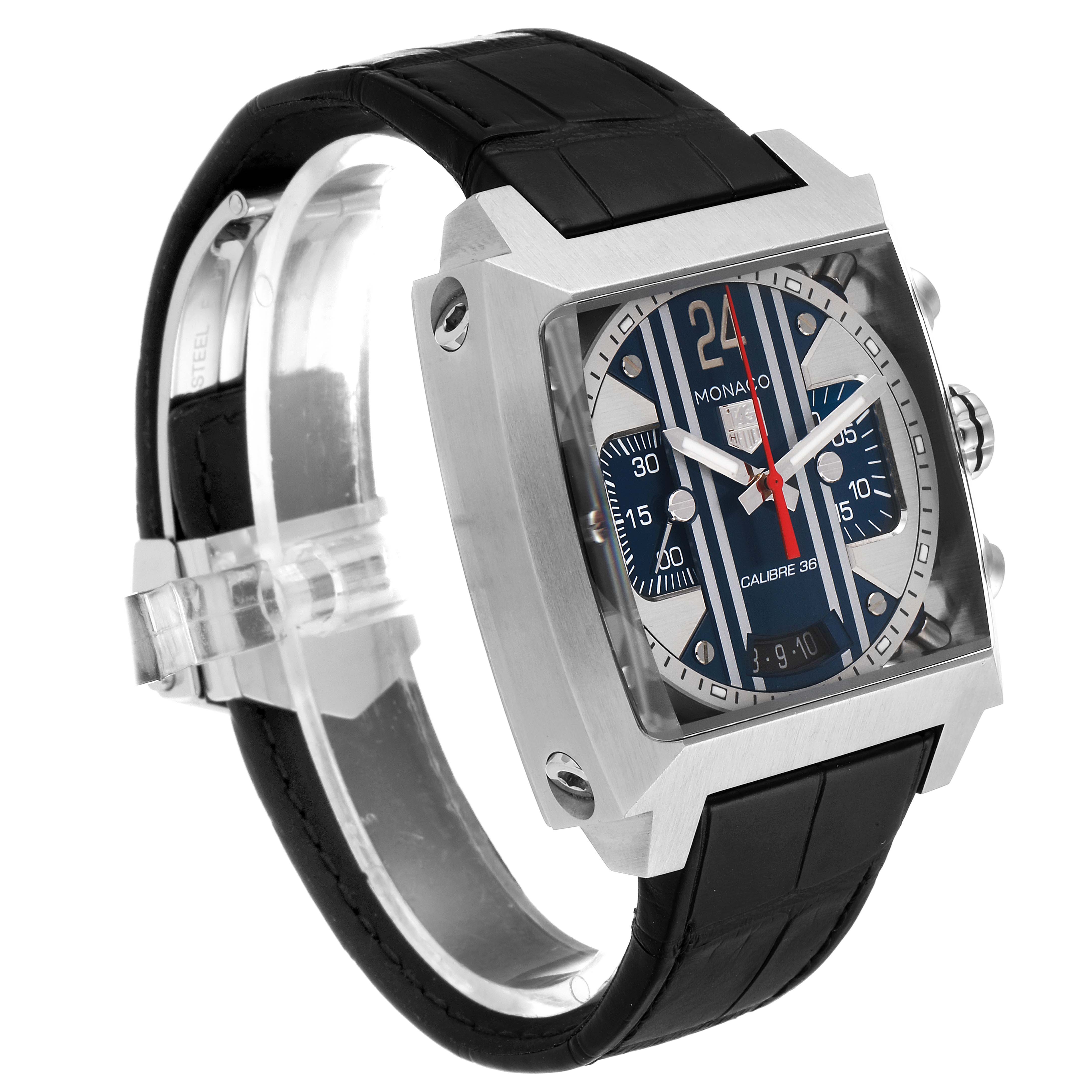 The image shows a Tag Heuer Monaco CAL5111.FC6299 Men
s Stainless Steel Blue Dial CAL5111.FC6299 Men
s Stainless Steel Blue Dial watch from a slight left-front angle, highlighting the face and black leather strap.