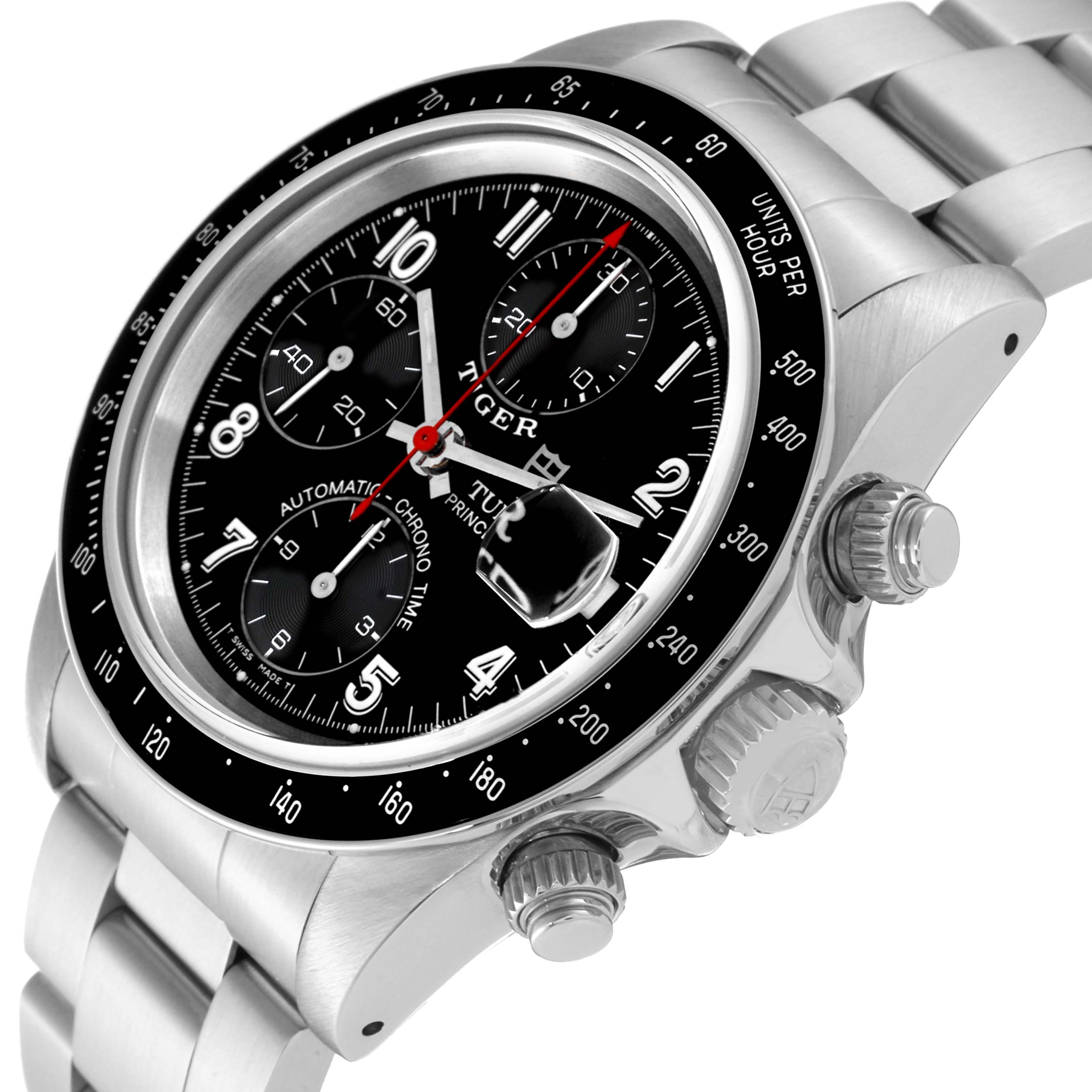 This Tudor Prince model watch is shown from an angle highlighting the face, bezel, crown, and two push-buttons on the side.