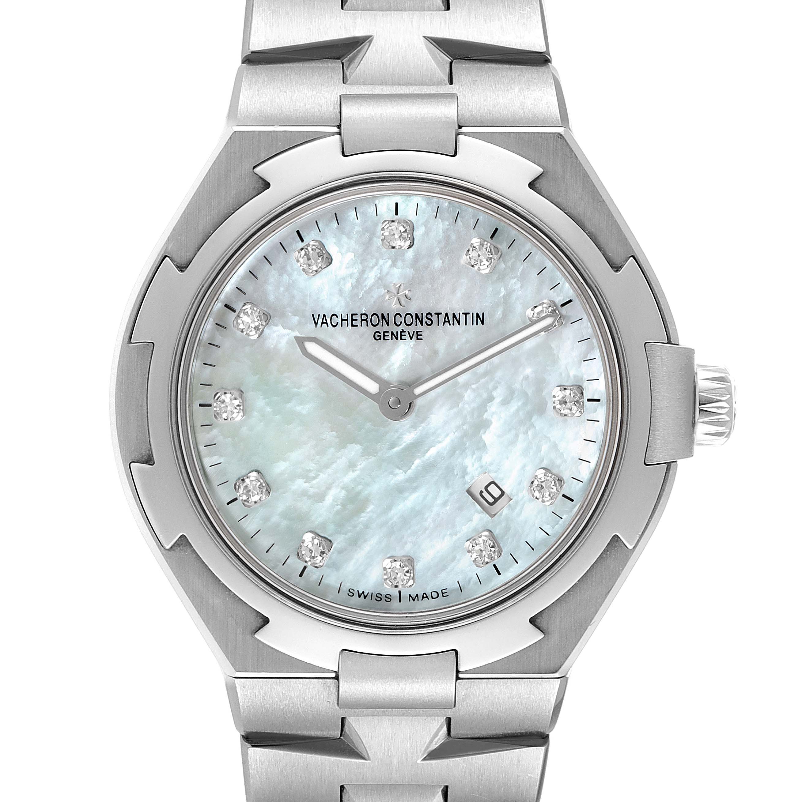 The image shows a front view of a Vacheron Constantin Overseas 25250/D01A-9092 Women's Stainless Steel Mother of Pearl Dial 25250/D01A-9092 Women's Stainless Steel Mother of Pearl Dial watch, highlighting its dial, bezel, and part of the bracelet.