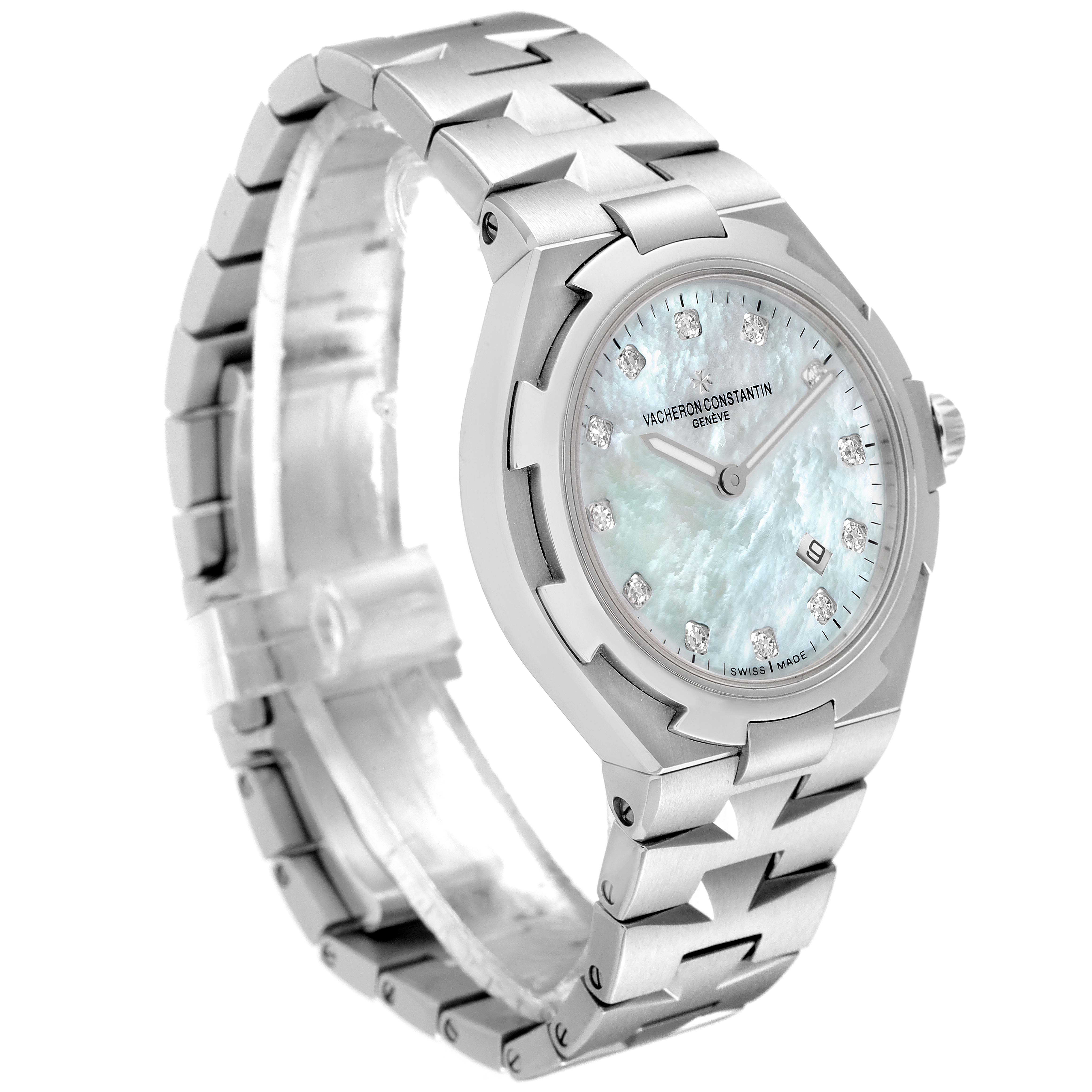 The Vacheron Constantin Overseas 25250/D01A-9092 Women's Stainless Steel Mother of Pearl Dial 25250/D01A-9092 Women's Stainless Steel Mother of Pearl Dial watch is shown at a three-quarter angle, highlighting its face, bezel, band, and crown.