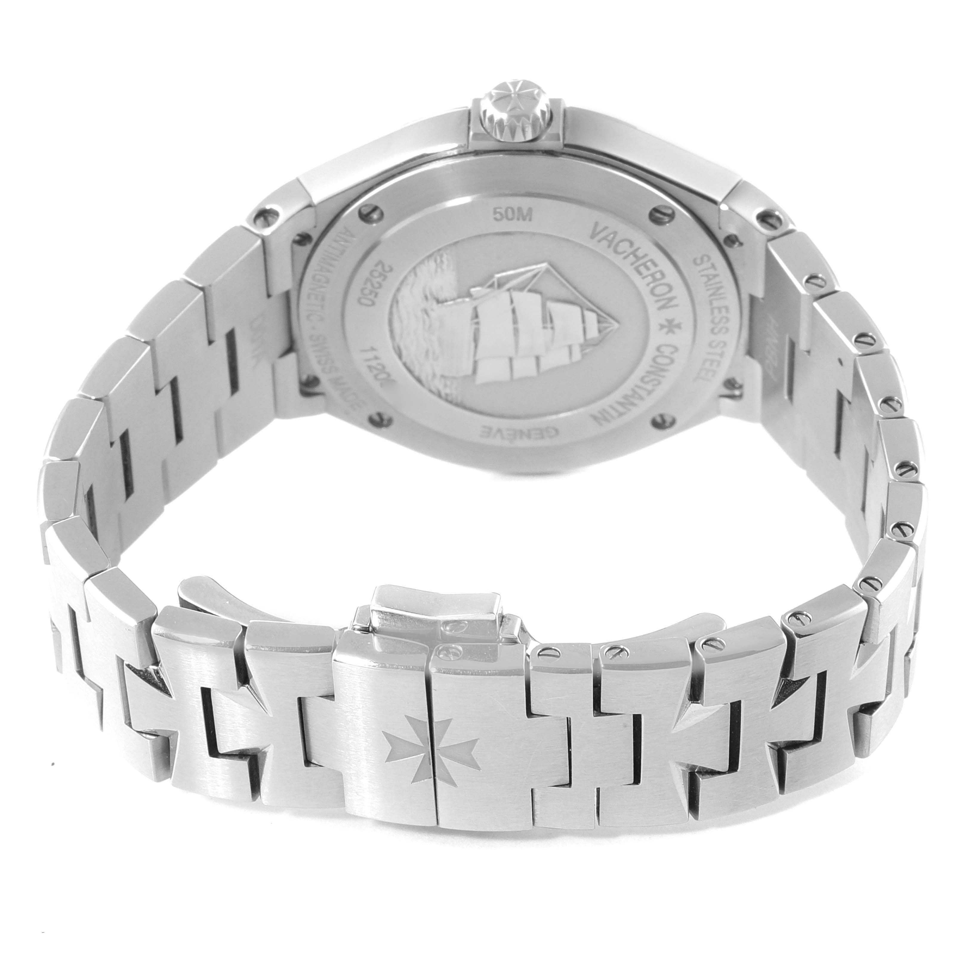 The image shows the back side of the Vacheron Constantin Overseas 25250/D01A-9092 Women's Stainless Steel Mother of Pearl Dial 25250/D01A-9092 Women's Stainless Steel Mother of Pearl Dial model watch, highlighting the case back and part of the bracelet.