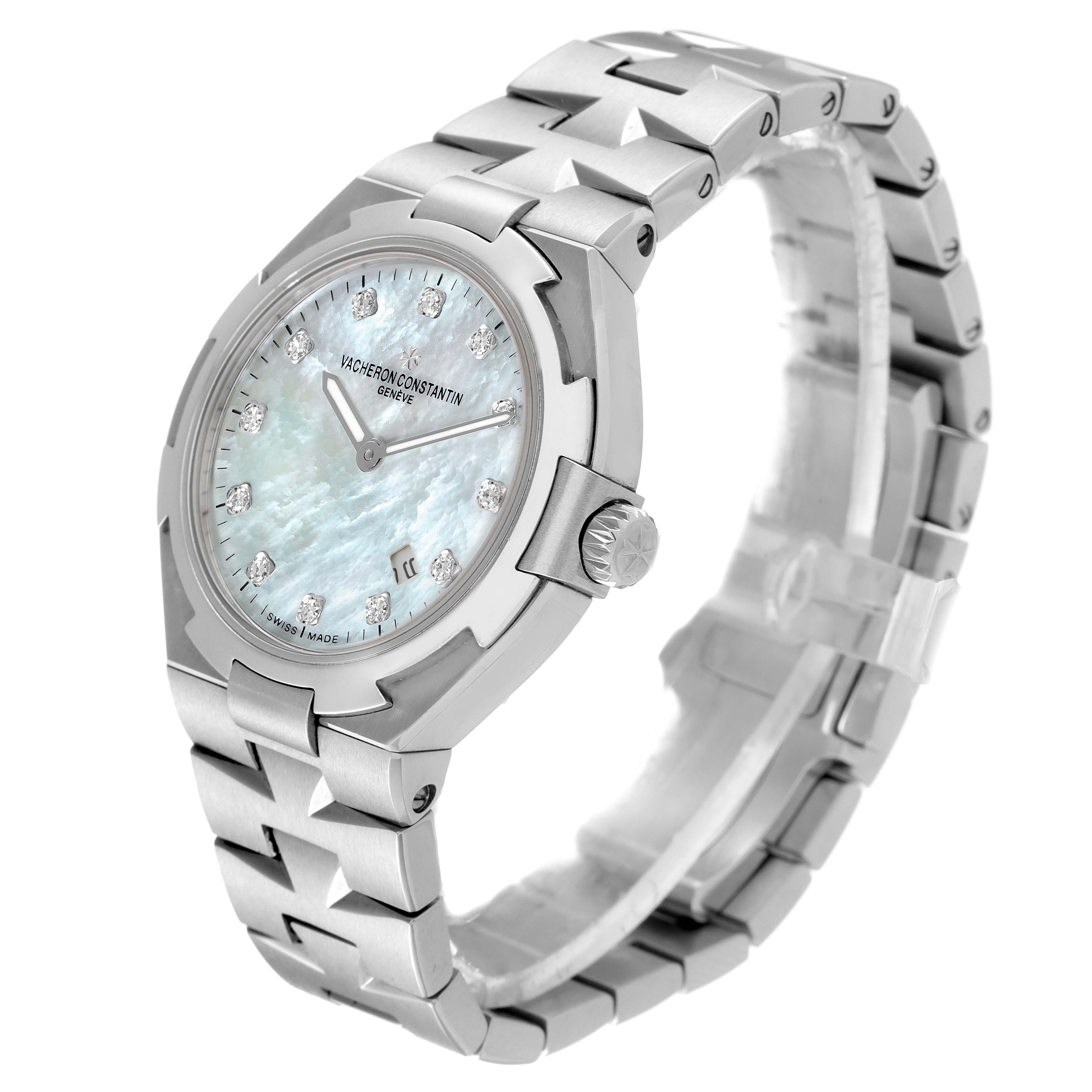 The image shows a Vacheron Constantin Overseas 25250/D01A-9092 Women's Stainless Steel Mother of Pearl Dial 25250/D01A-9092 Women's Stainless Steel Mother of Pearl Dial watch at an angled side view, highlighting its stainless steel case, dial, bracelet, and clasp.