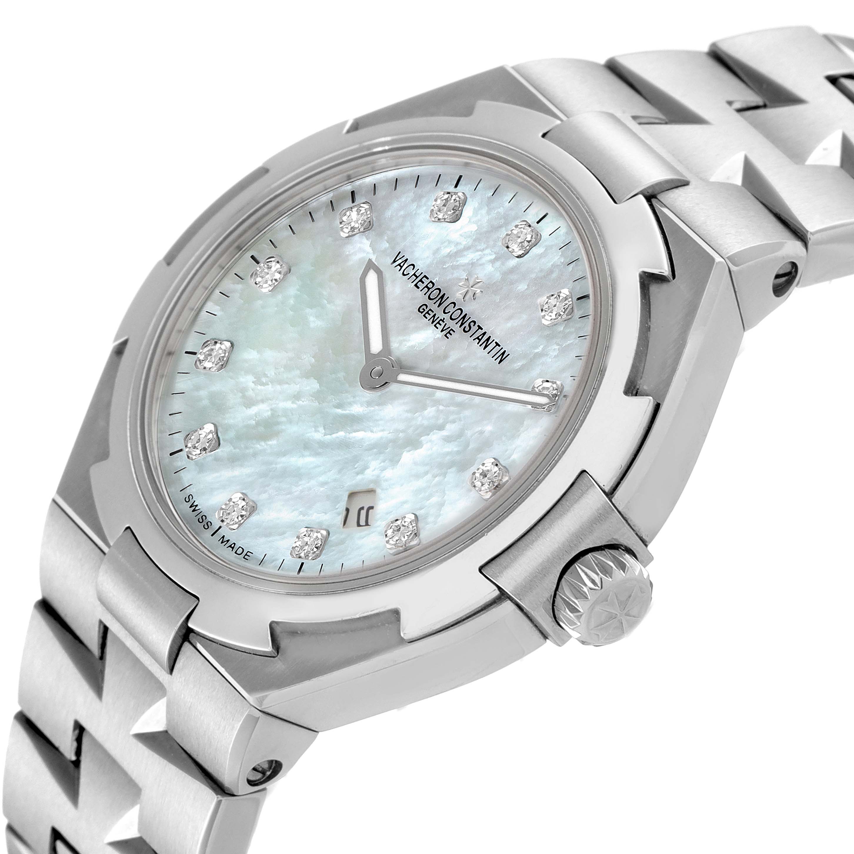 The image shows a Vacheron Constantin Overseas 25250/D01A-9092 Women's Stainless Steel Mother of Pearl Dial 25250/D01A-9092 Women's Stainless Steel Mother of Pearl Dial model watch angled from the front-right, highlighting its bezel, dial, hands, crown, and bracelet.