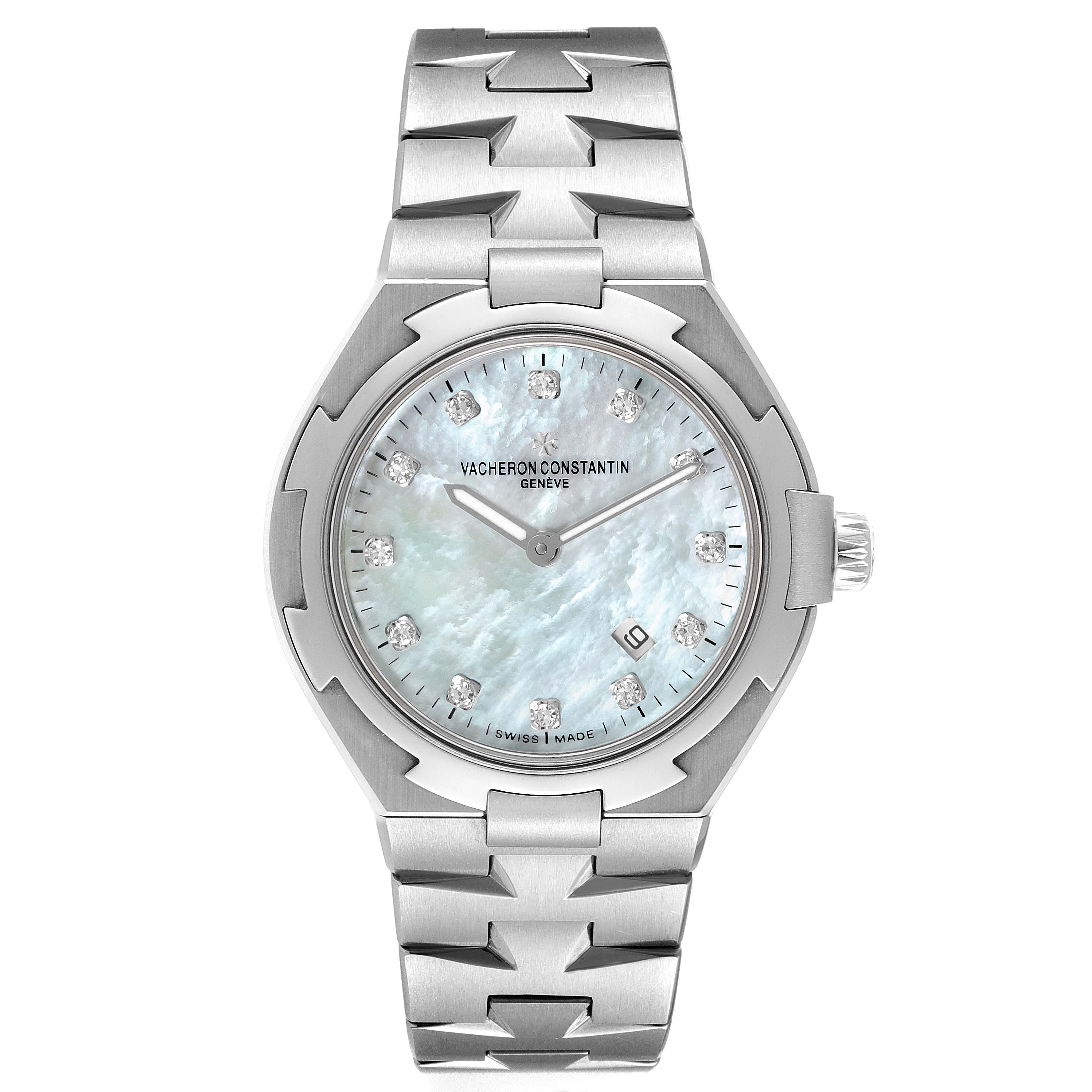 This image shows a front view of the Vacheron Constantin Overseas 25250/D01A-9092 Women's Stainless Steel Mother of Pearl Dial 25250/D01A-9092 Women's Stainless Steel Mother of Pearl Dial watch, focusing on its dial, hands, and bracelet.