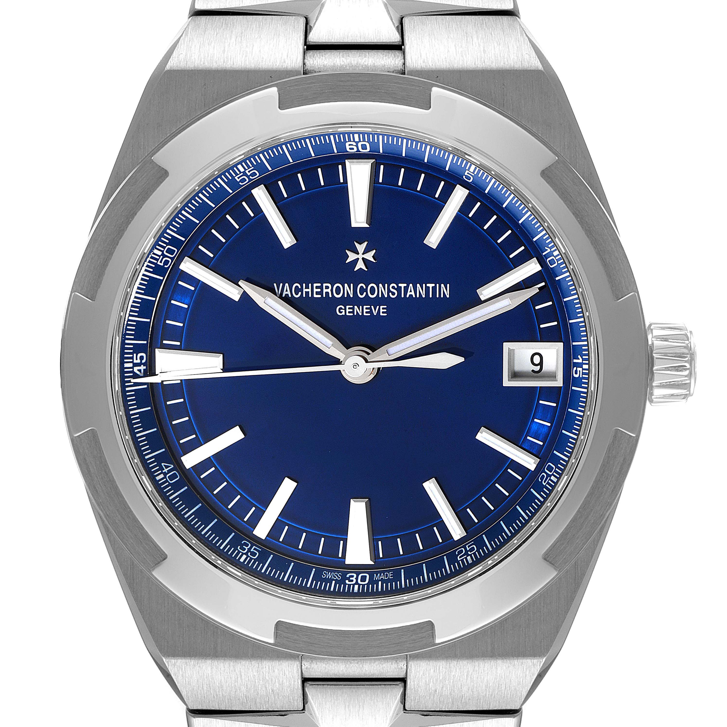 This image shows a front view of a Vacheron Constantin Overseas 4500V/110A-B128 Men's Stainless Steel Blue Dial 4500V/110A-B128 Men's Stainless Steel Blue Dial watch, highlighting the blue dial, date window, and stainless steel bracelet.