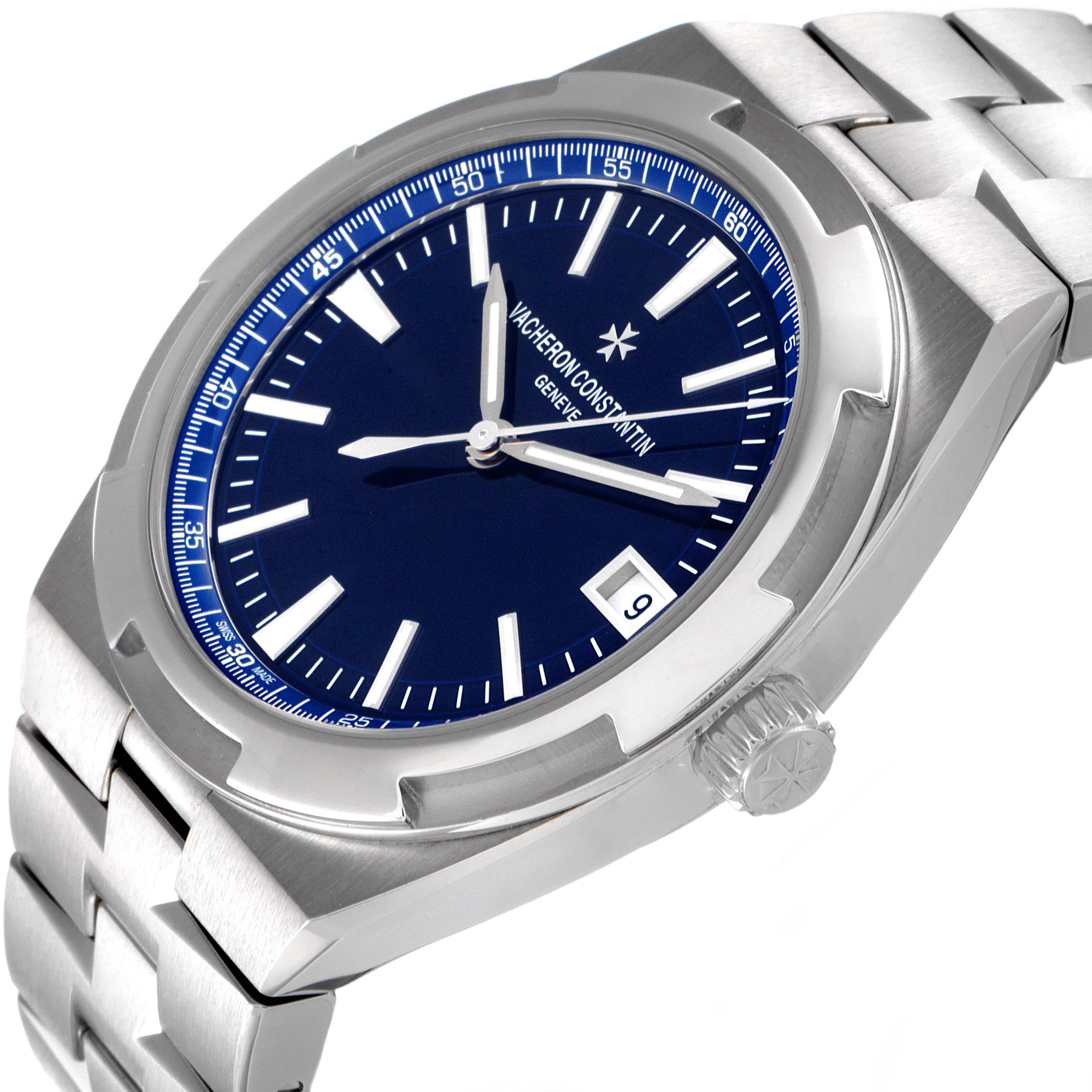 The image shows a close-up angled view of the Vacheron Constantin Overseas 4500V/110A-B128 Men's Stainless Steel Blue Dial 4500V/110A-B128 Men's Stainless Steel Blue Dial watch, highlighting the dial, bezel, bracelet, and crown.