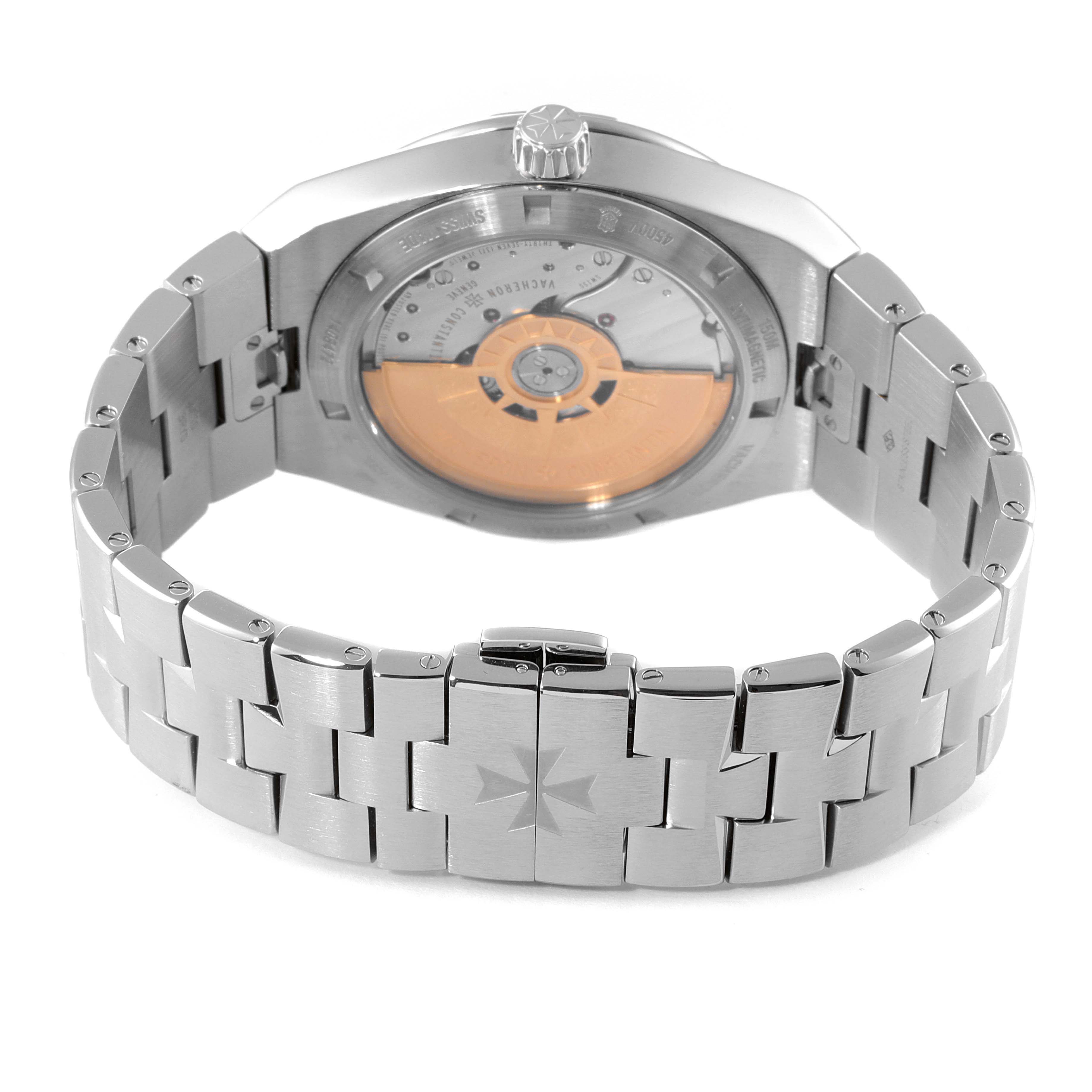 The image shows the back view of a Vacheron Constantin Overseas 4500V/110A-B128 Men's Stainless Steel Blue Dial 4500V/110A-B128 Men's Stainless Steel Blue Dial watch, highlighting its bracelet and case back with the movement visible.