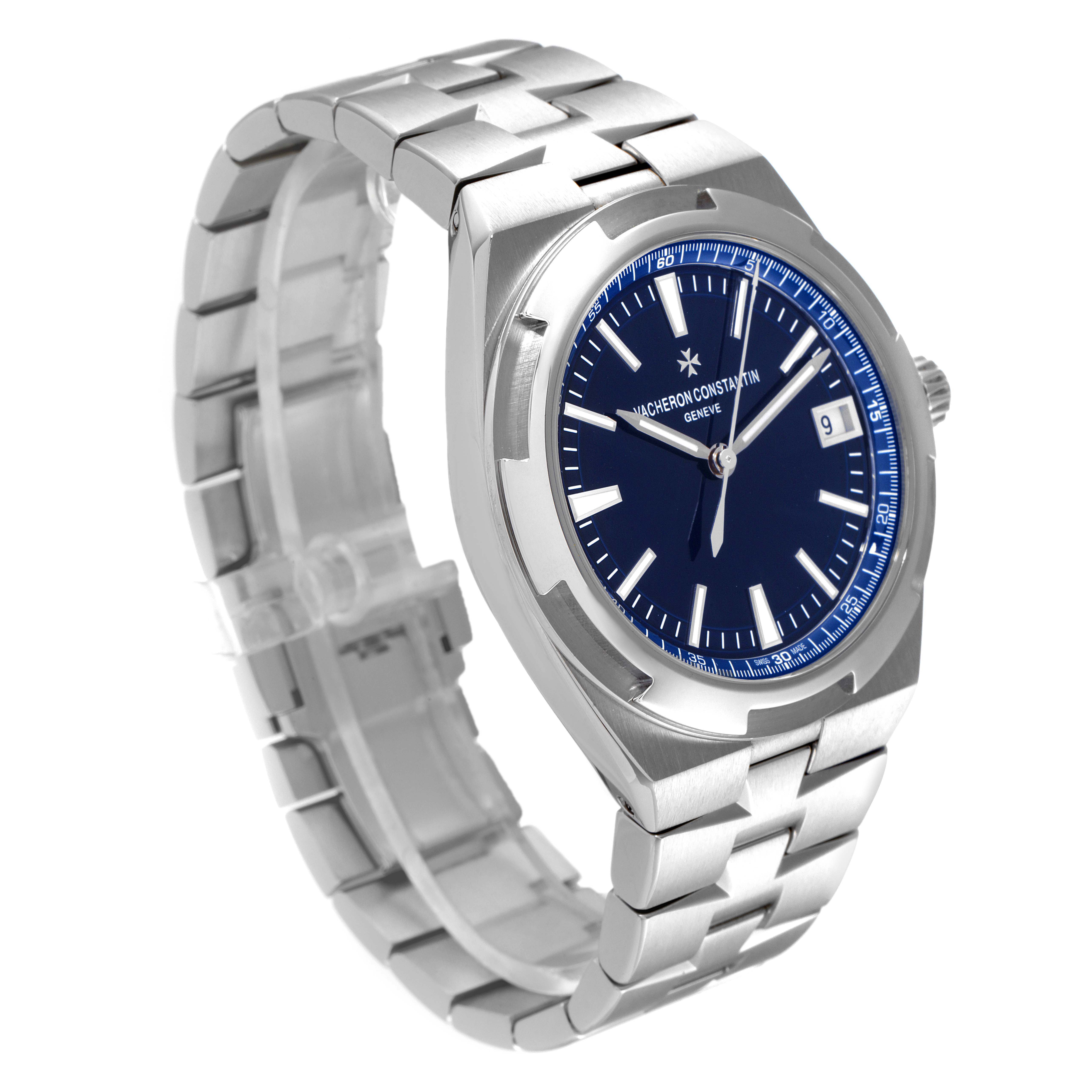 The Vacheron Constantin Overseas 4500V/110A-B128 Men's Stainless Steel Blue Dial 4500V/110A-B128 Men's Stainless Steel Blue Dial watch is shown at an angle highlighting the face, bracelet, and side profile.