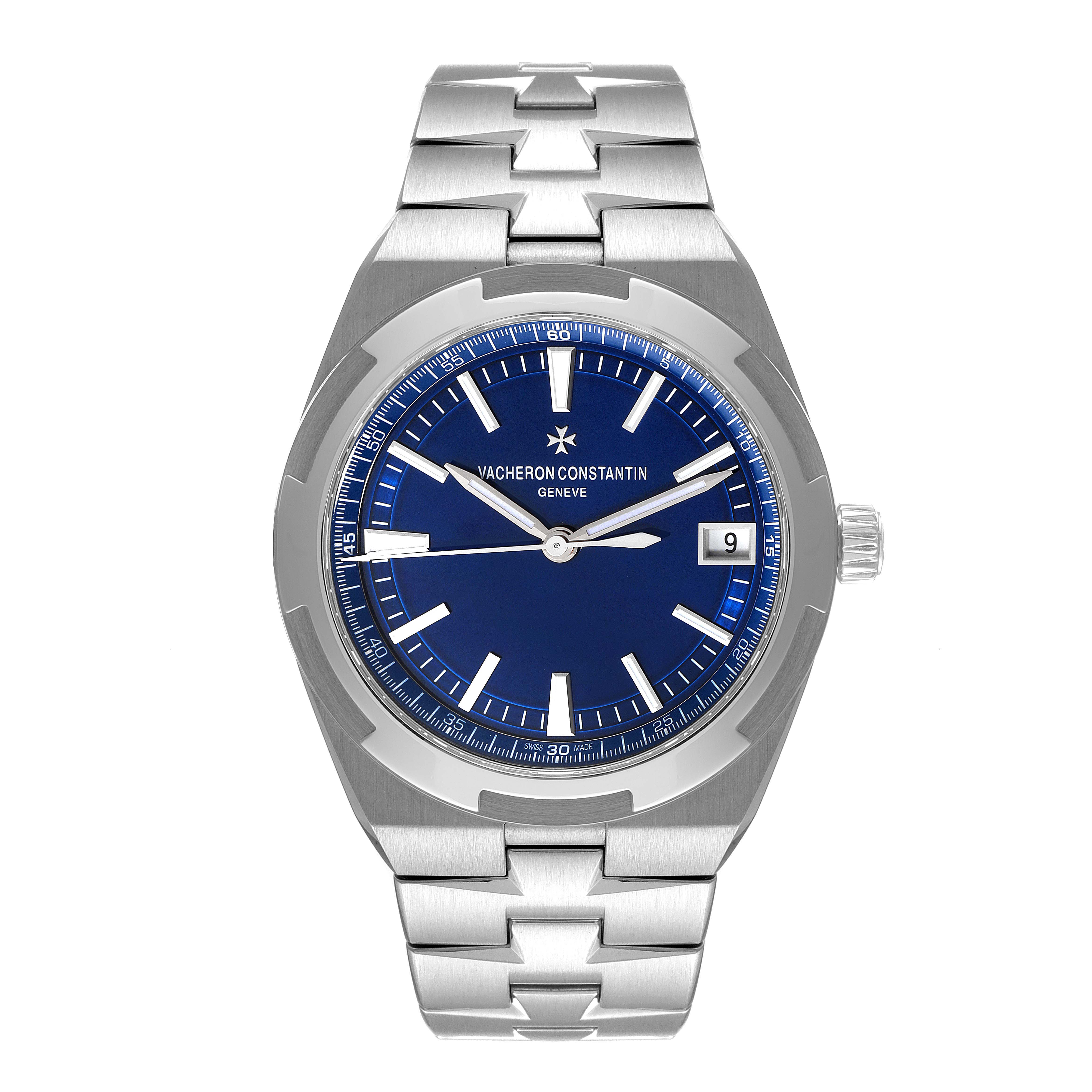 The image shows a front view of a Vacheron Constantin Overseas 4500V/110A-B128 Men's Stainless Steel Blue Dial 4500V/110A-B128 Men's Stainless Steel Blue Dial model watch, highlighting its blue dial and stainless steel bracelet.