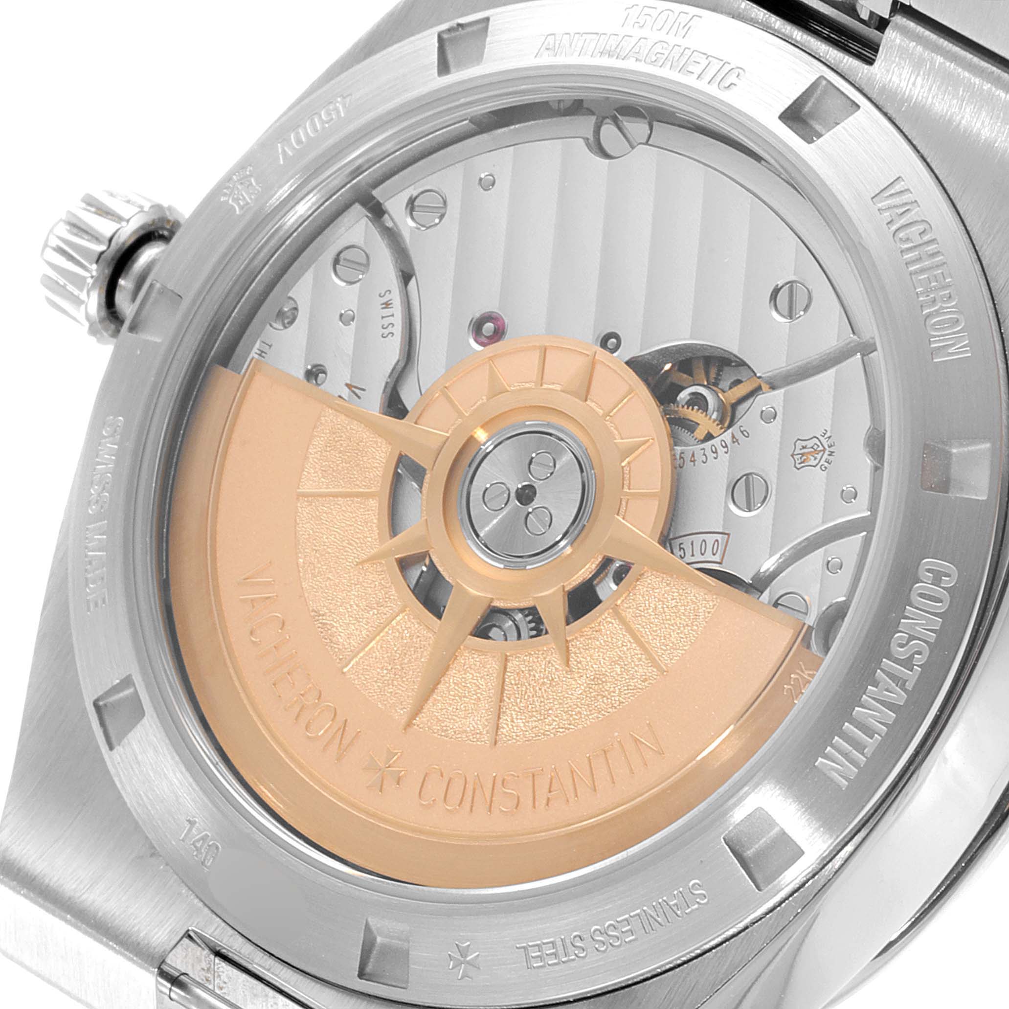 This is a close-up view of the back of the Vacheron Constantin Overseas 4500V/110A-B128 Men's Stainless Steel Blue Dial 4500V/110A-B128 Men's Stainless Steel Blue Dial watch, showing the movement and rotor.