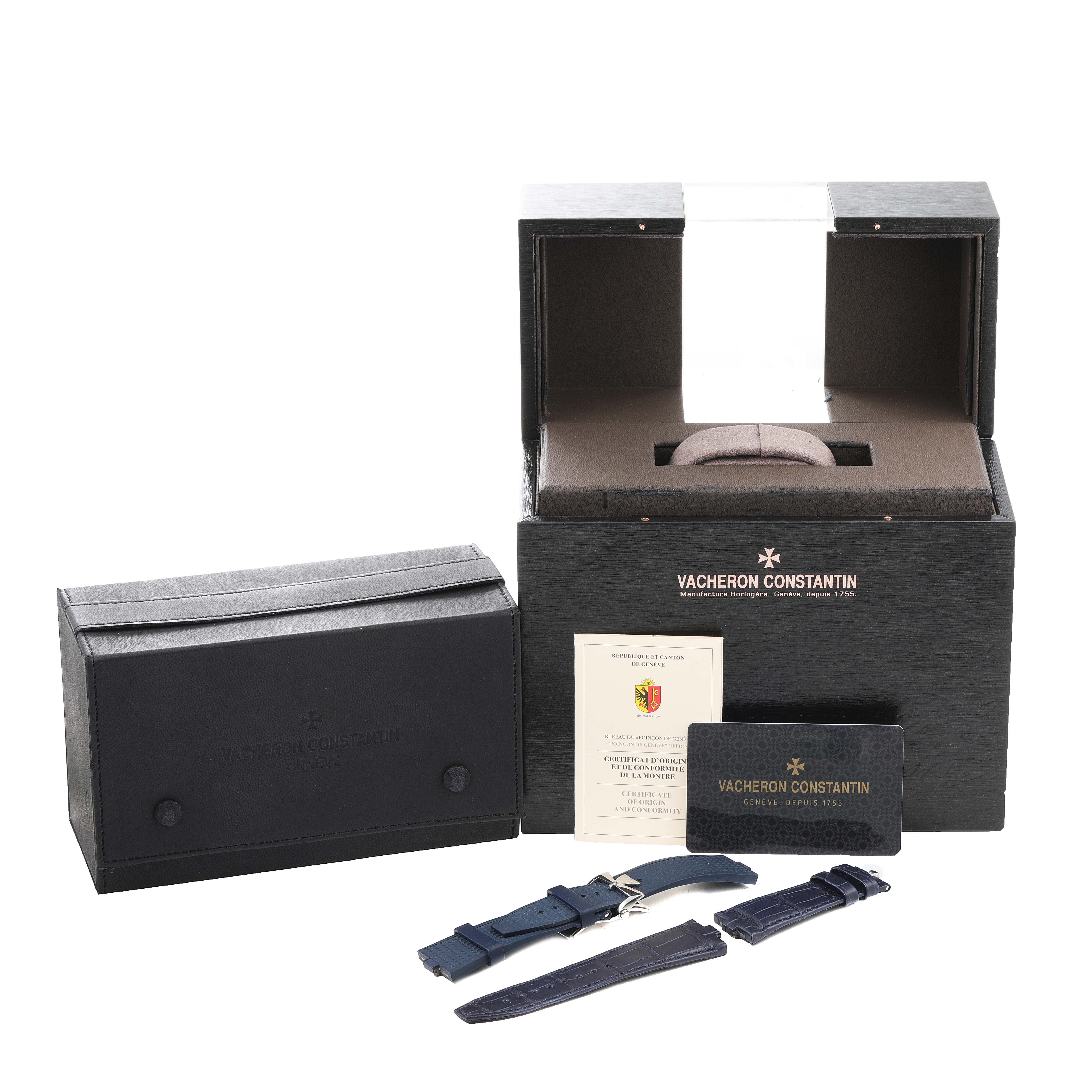 The image shows the packaging and accessories for the Vacheron Constantin Overseas 4500V/110A-B128 Men's Stainless Steel Blue Dial 4500V/110A-B128 Men's Stainless Steel Blue Dial model, including extra straps, documents, and boxes.