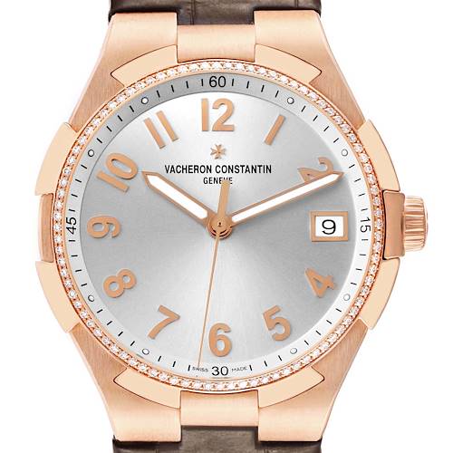 The Vacheron Constantin Overseas 47560/000R-9672 Women's Rose Gold Silver Dial watch is shown from a front angle, highlighting the dial, rose gold case, and crown.