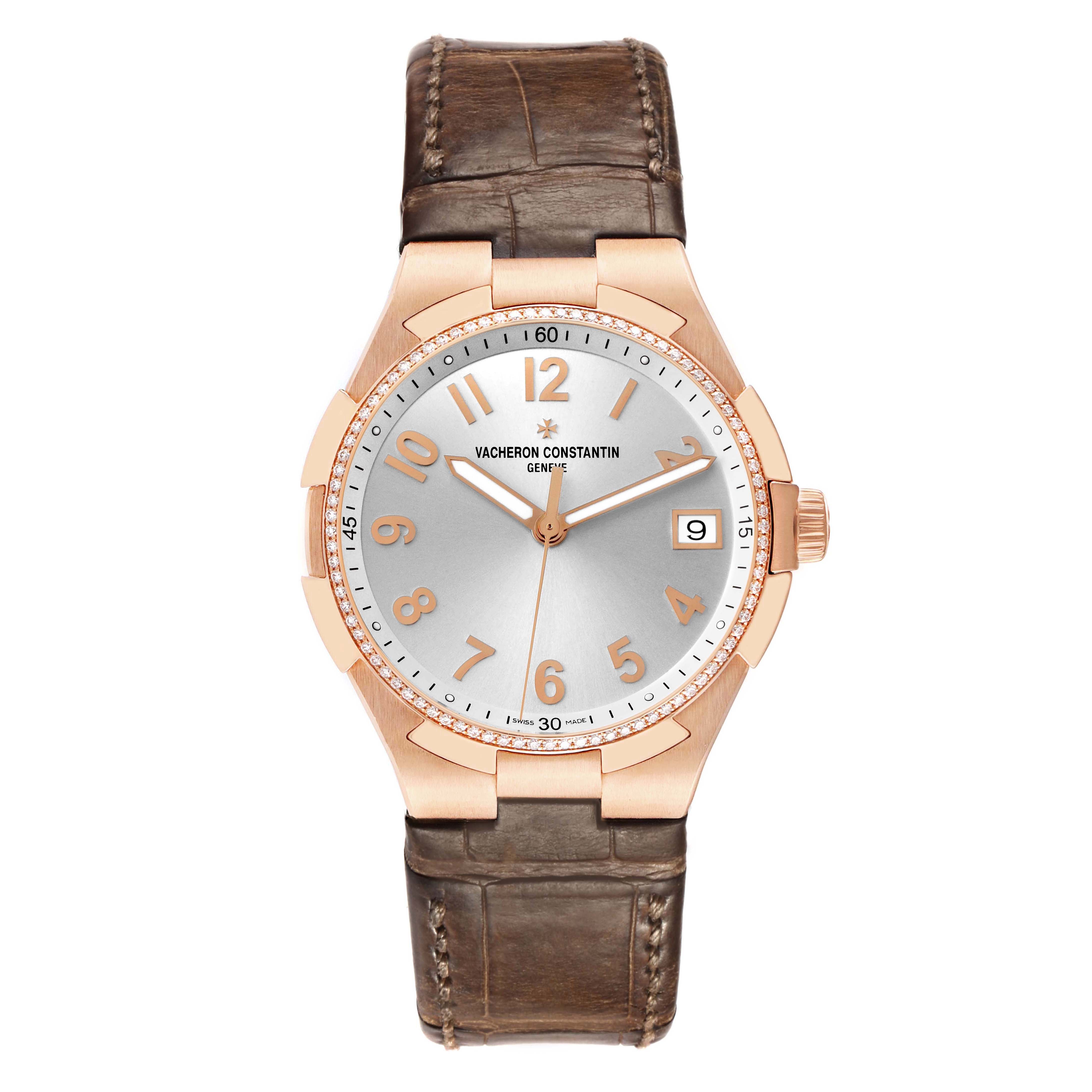 The Vacheron Constantin Overseas 47560/000R-9672 Women's Rose Gold Silver Dial watch is shown from a top-down angle, displaying its full dial, case, crown, and leather strap.