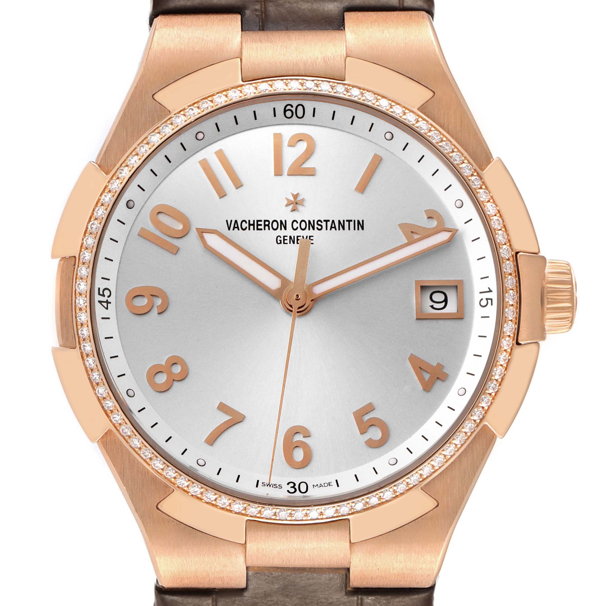 The Vacheron Constantin Overseas 47560/000R-9672 Women's Rose Gold Silver Dial watch is shown from a front angle, displaying the face, dial, and crown.