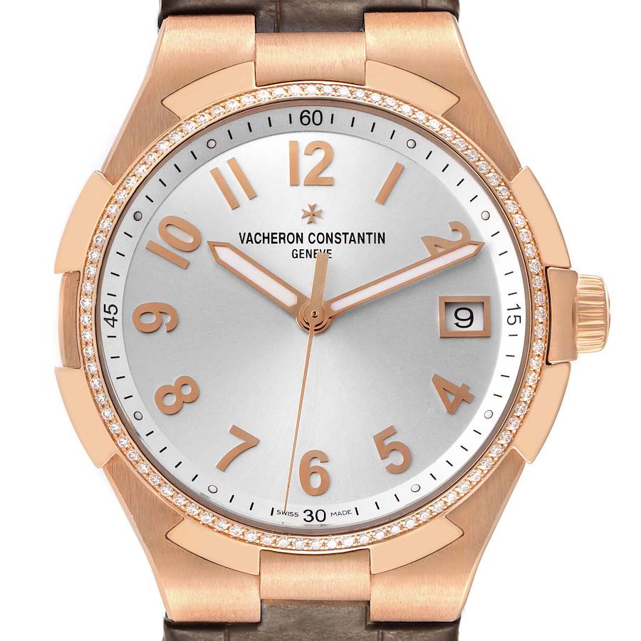 The Vacheron Constantin Overseas 47560/000R-9672 Women's Rose Gold Silver Dial watch is shown from a front angle, displaying the face, dial, and crown.