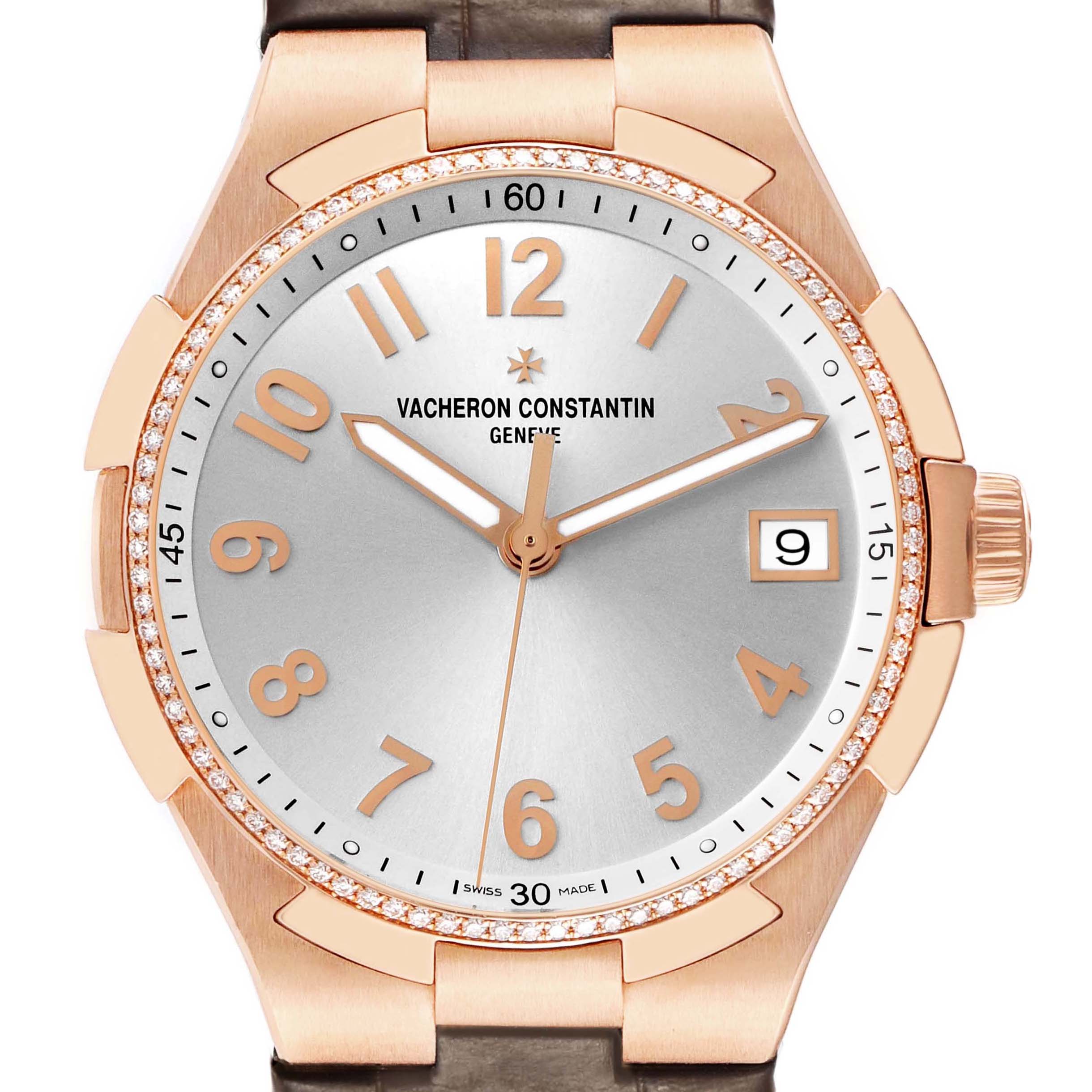 The image shows a frontal view of the Vacheron Constantin Overseas 47560/000R-9672 Women's Rose Gold Silver Dial watch, highlighting its rose gold case, bezel, and dial details.