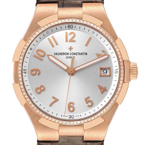 The Vacheron Constantin Overseas 47560/000R-9672 Women's Rose Gold Silver Dial watch is shown from the front, highlighting the dial, bezel, and part of the strap.