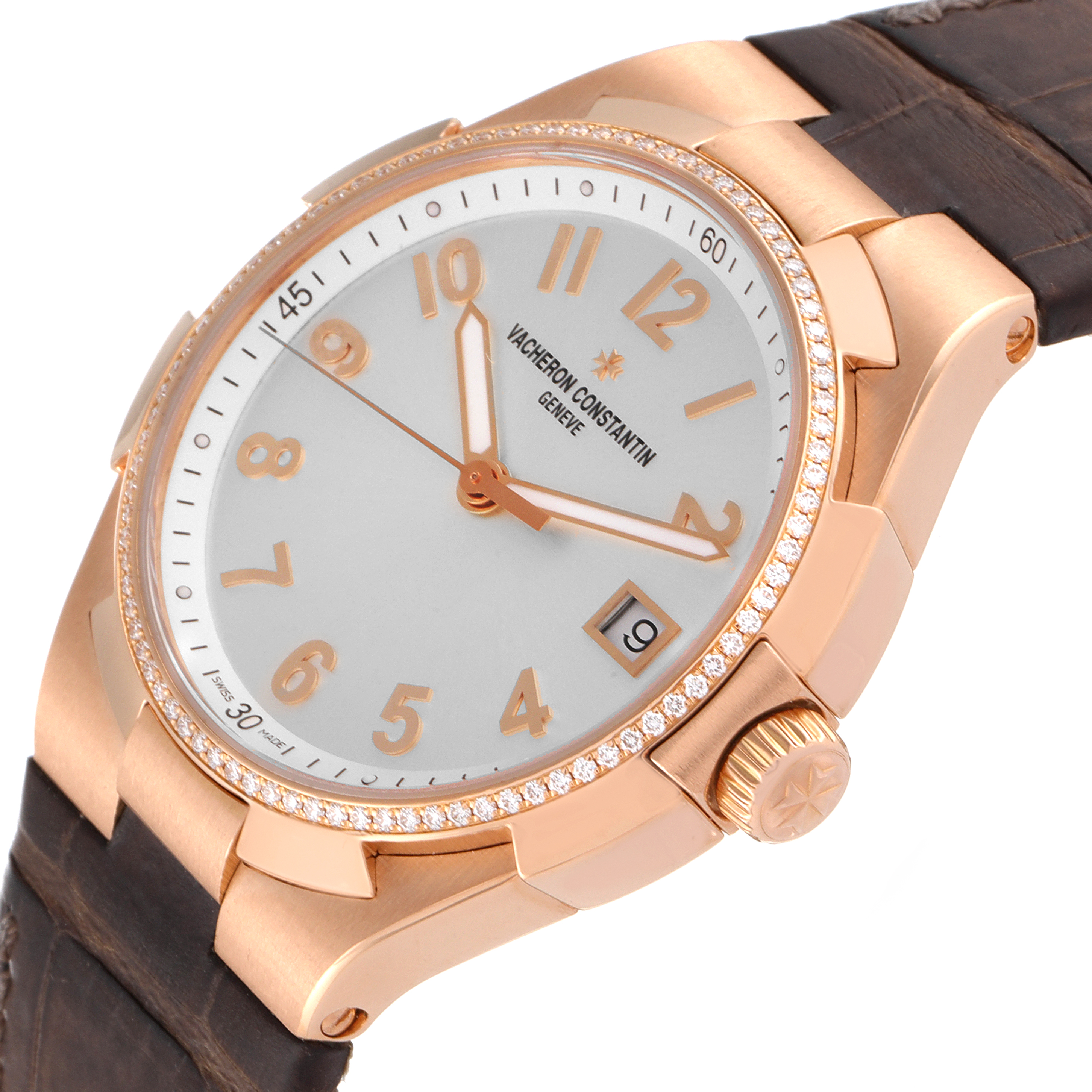 The image shows a side and front view of the Vacheron Constantin Overseas 47560/000R-9672 Women's Rose Gold Silver Dial 47560/000R-9672 Women's Rose Gold Silver Dial model, highlighting the face, crown, and part of the strap.