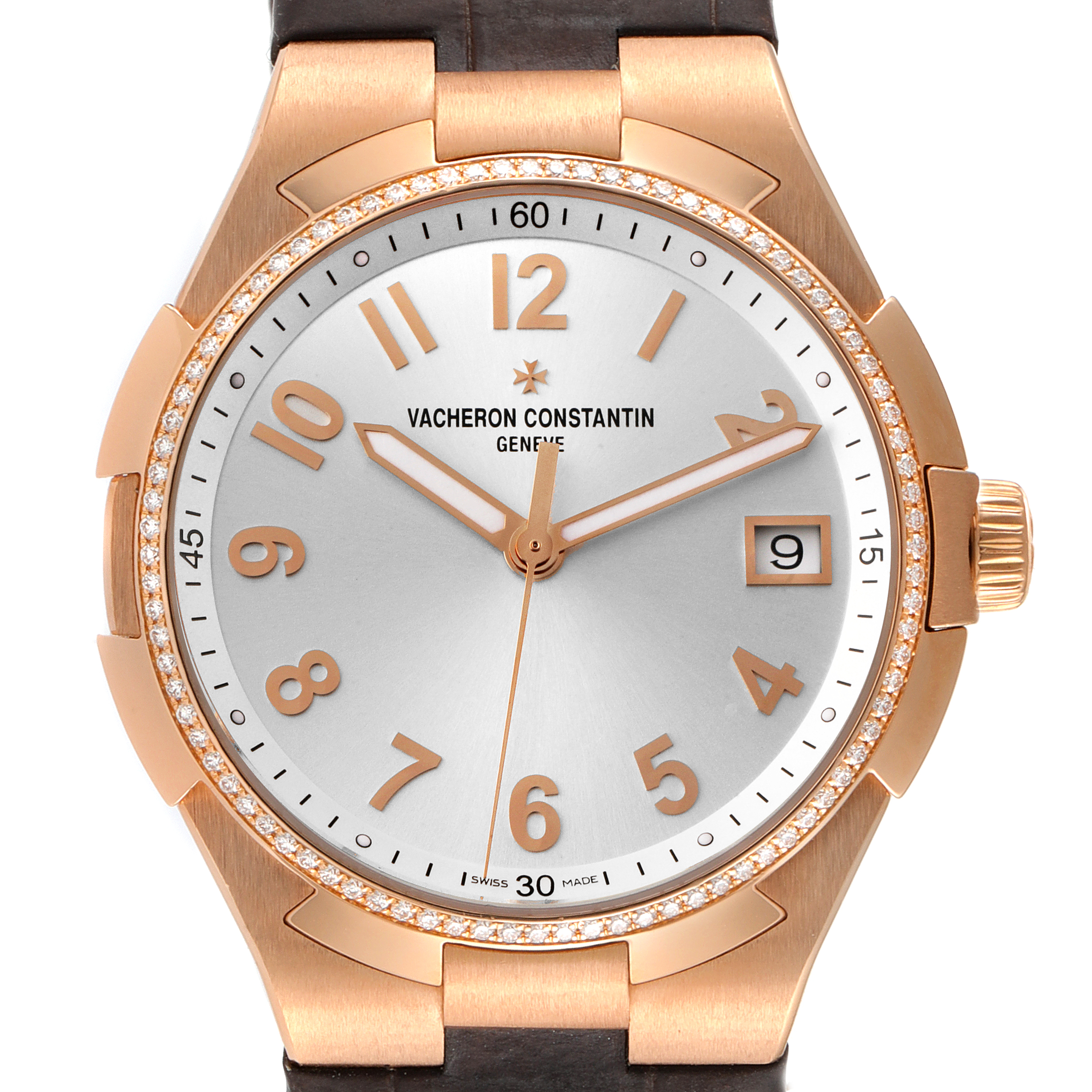 The image shows a front view of the Vacheron Constantin Overseas 47560/000R-9672 Women's Rose Gold Silver Dial 47560/000R-9672 Women's Rose Gold Silver Dial model, highlighting the dial, hands, date window, and bezel.