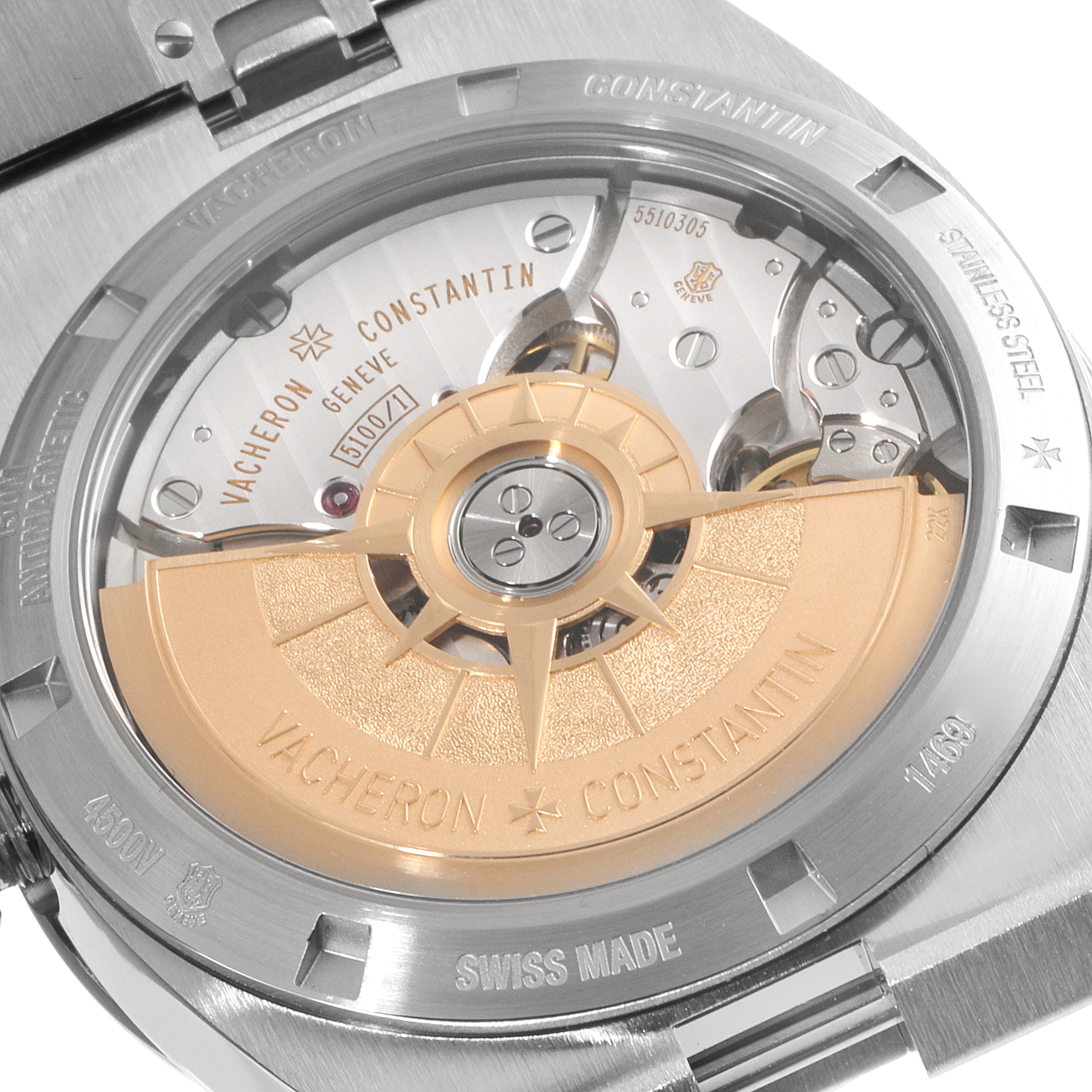 The image shows the case back of the Vacheron Constantin Overseas 4500V/110A-B126 Men's Stainless Steel Silver Dial 4500V/110A-B126 Men's Stainless Steel Silver Dial watch, revealing its automatic movement and rotor.