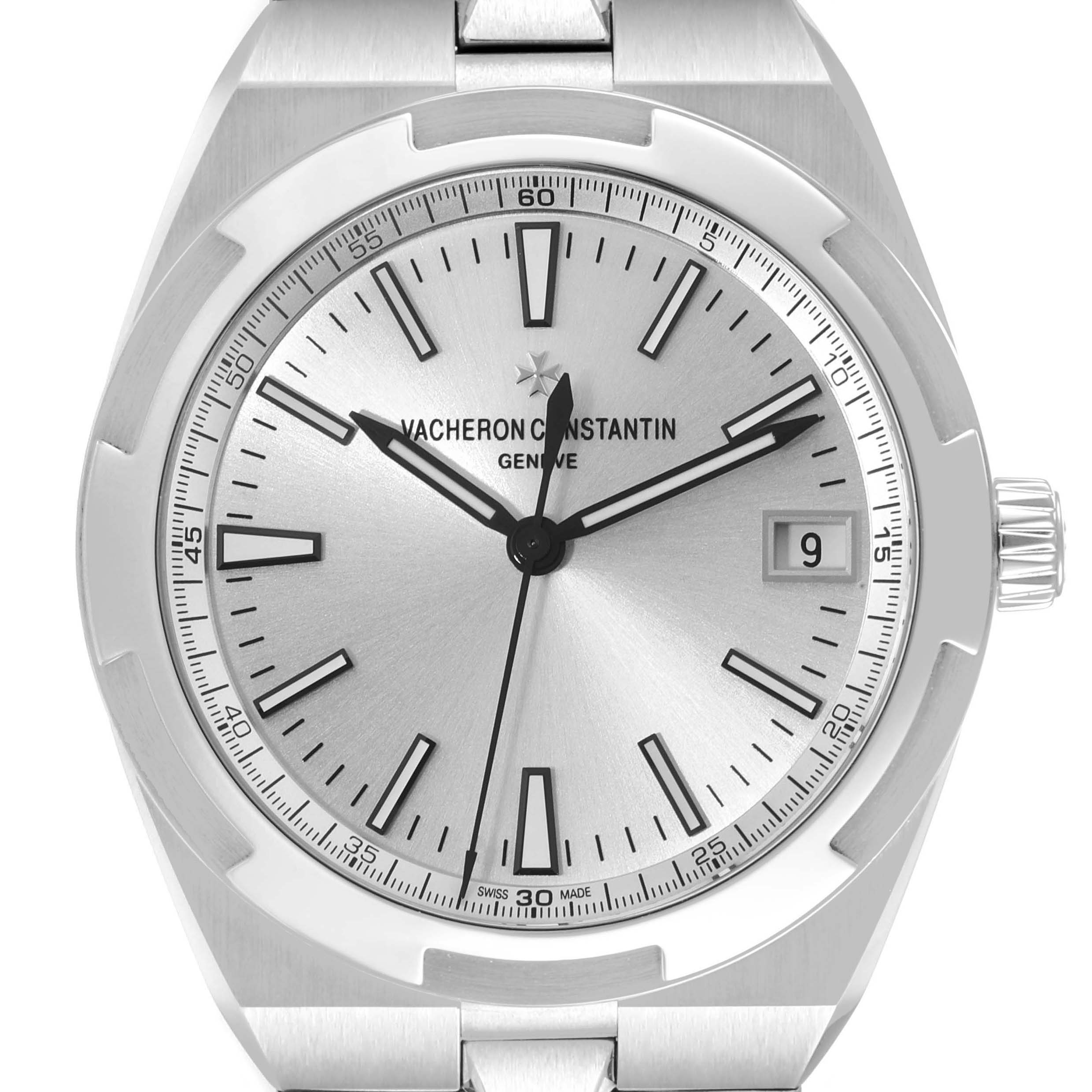 This image depicts a front view of the Vacheron Constantin Overseas 4500V/110A-B126 Men's Stainless Steel Silver Dial 4500V/110A-B126 Men's Stainless Steel Silver Dial model, showcasing its dial, hands, and date window.